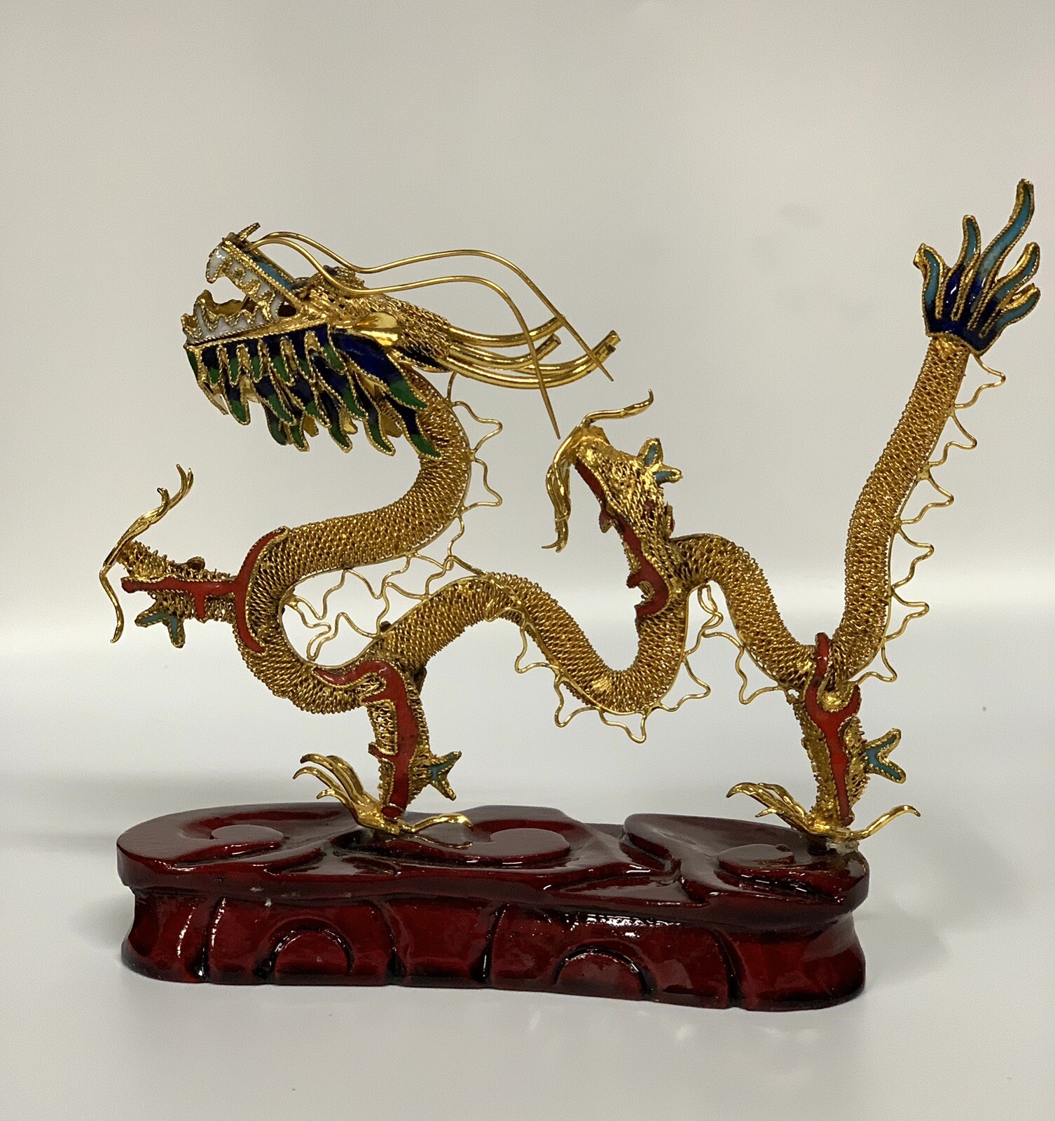 Chinese Brass Filigree Dragon Wooden Stand Gold Red Green Color 4.5”x 5”