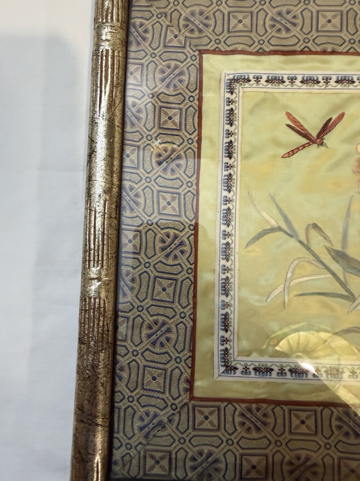 Vintage Bamboo Style Framed Chinese Silk Embroidered Panel Floral Art 12″