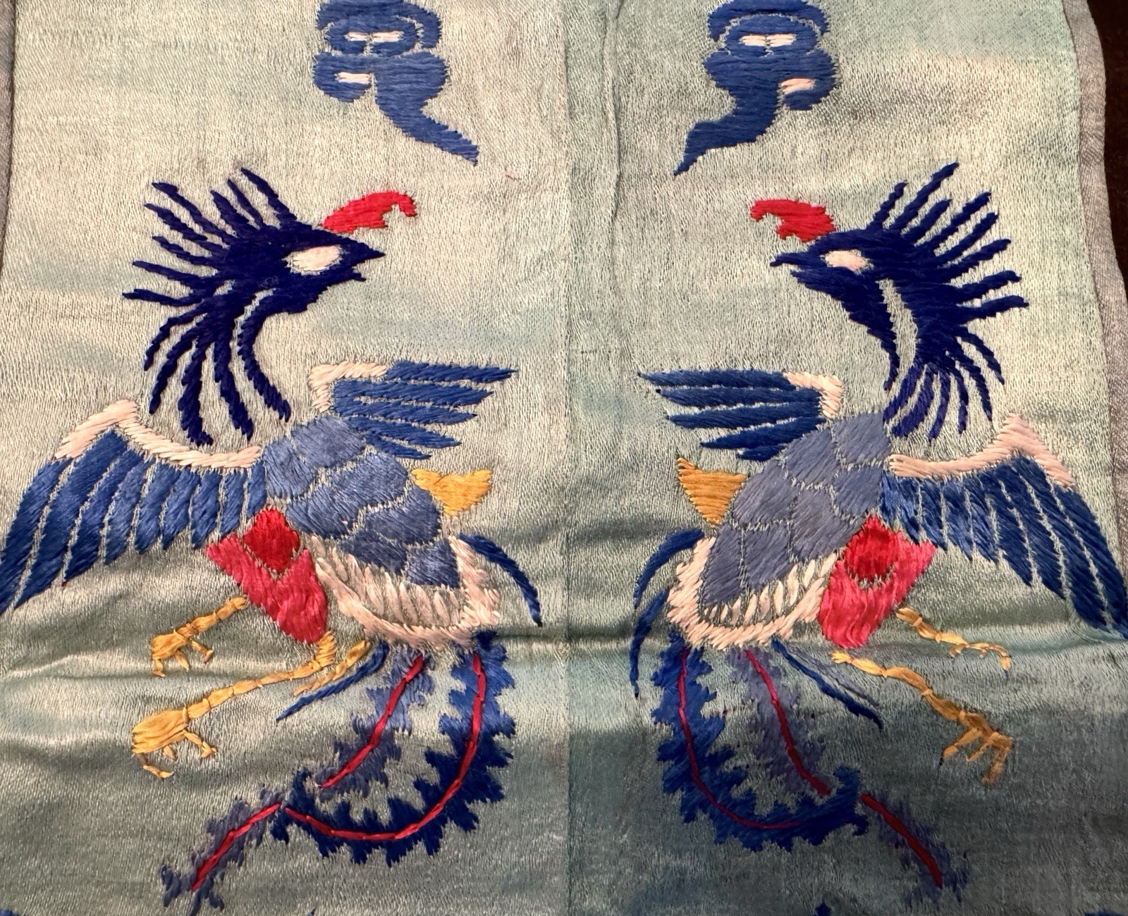 Vtg Antique CHINESE RANK BADGE Embroidery SILK Birds Clouds Mountains 9.5″x11″