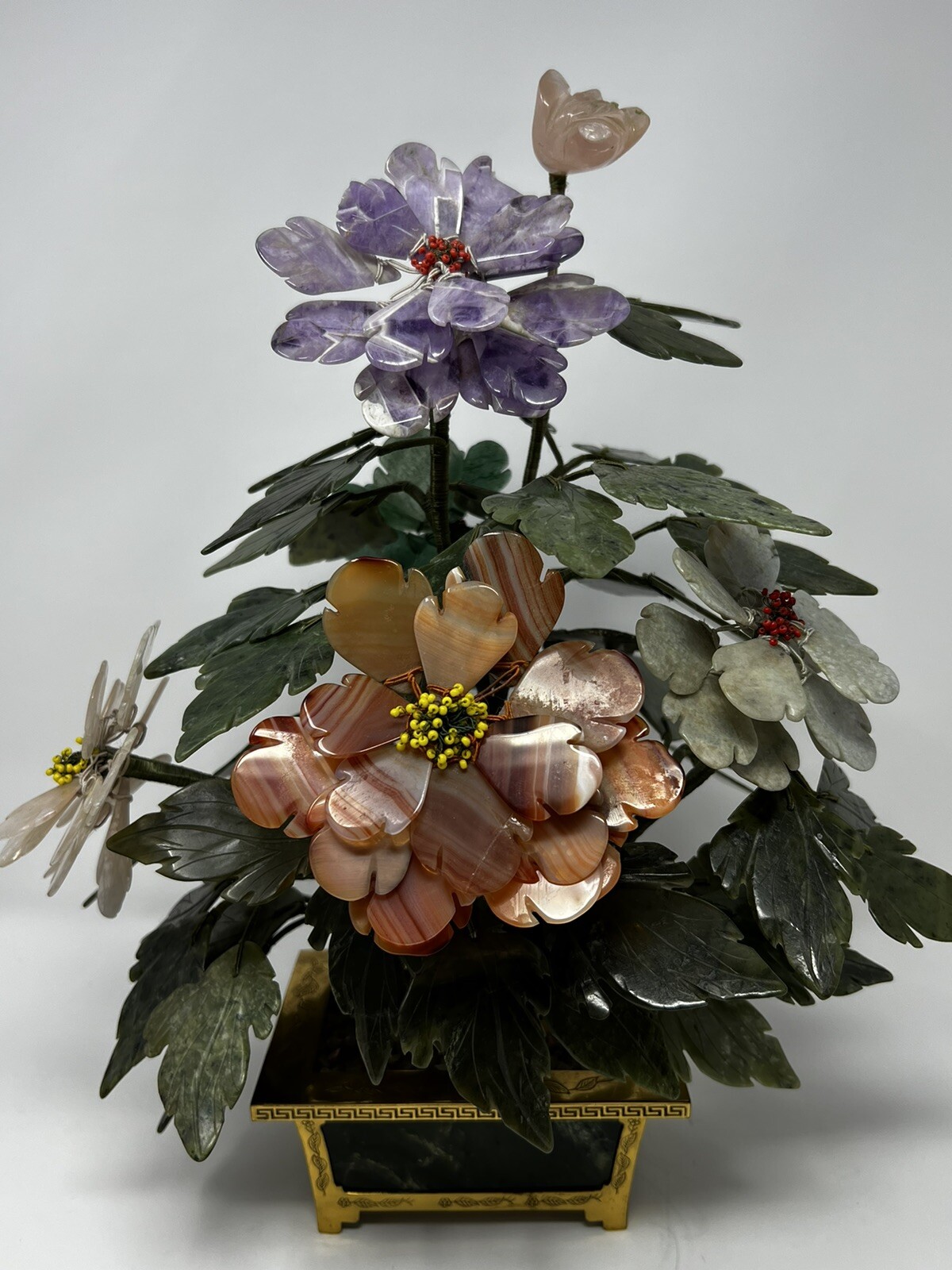 MID CENTURY CARVED JADE AGATE BONSAI FLOWER TREE 14.5”x 12”x 9” Beautiful!!