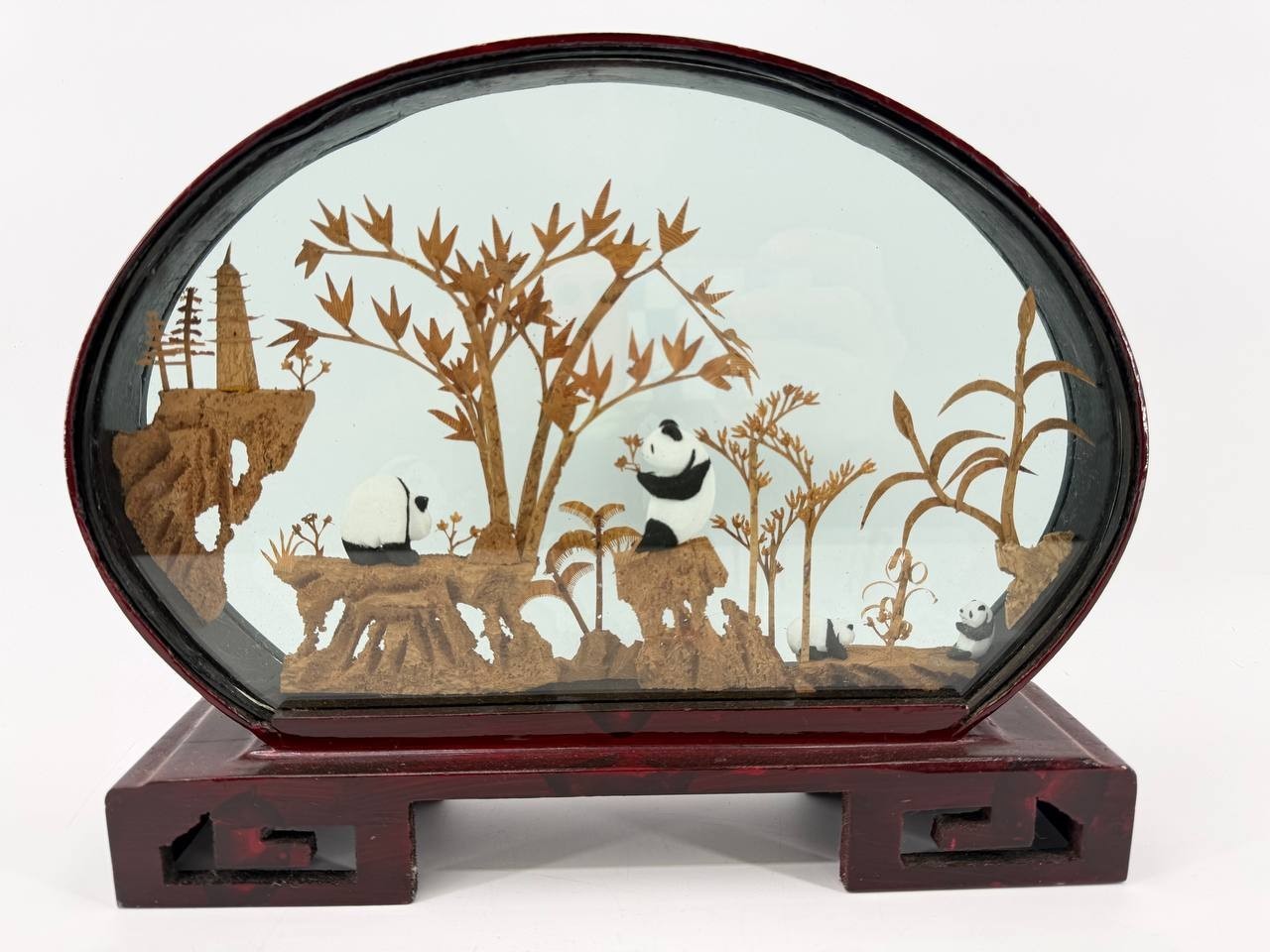 Chinese Cork Carving Panda Diorama Glass Wood Frame Tabletop Decor 1.5 lb