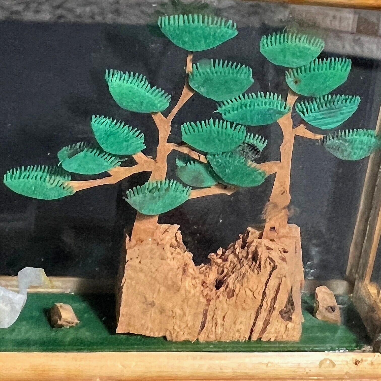 Vtg Small Chinese Carved Cork Diorama Trees Swans Rocks 3D Glass & Bamboo Case