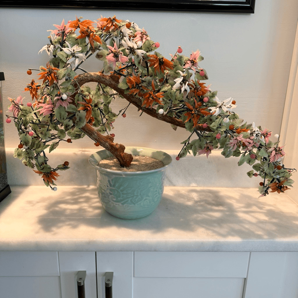Antique Multicolored Jade Quartz Stone Chinese Glass Bonsai Tree in Celadon Pot