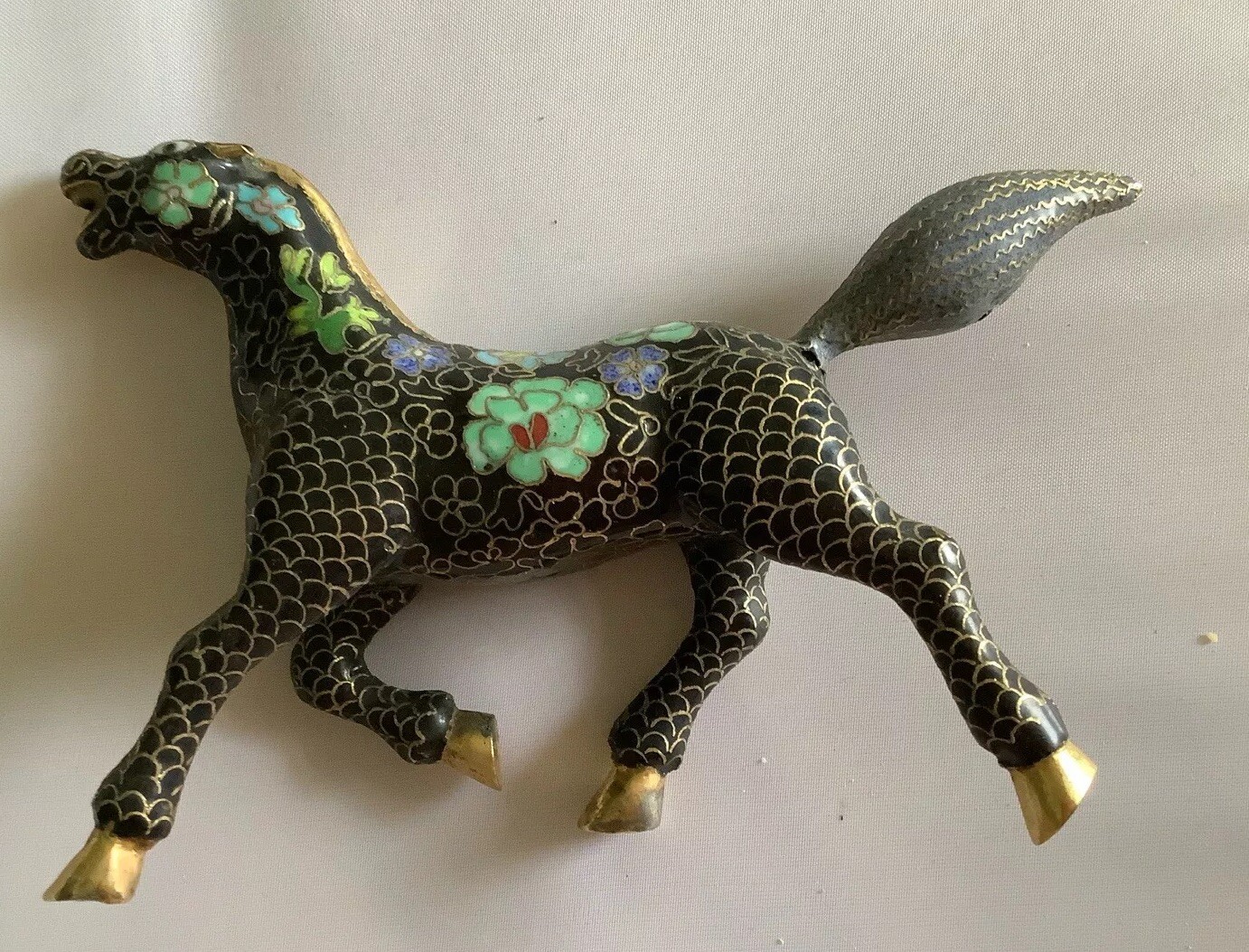 Chinese Cloisonné Small Horse Black w Blue & Green Flowers 6”