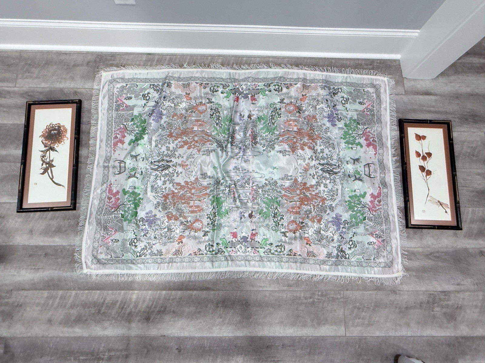 Vintage Chinese Silk Brocade Machine Woven Tablecloth 52”X34” & Watercolor Art