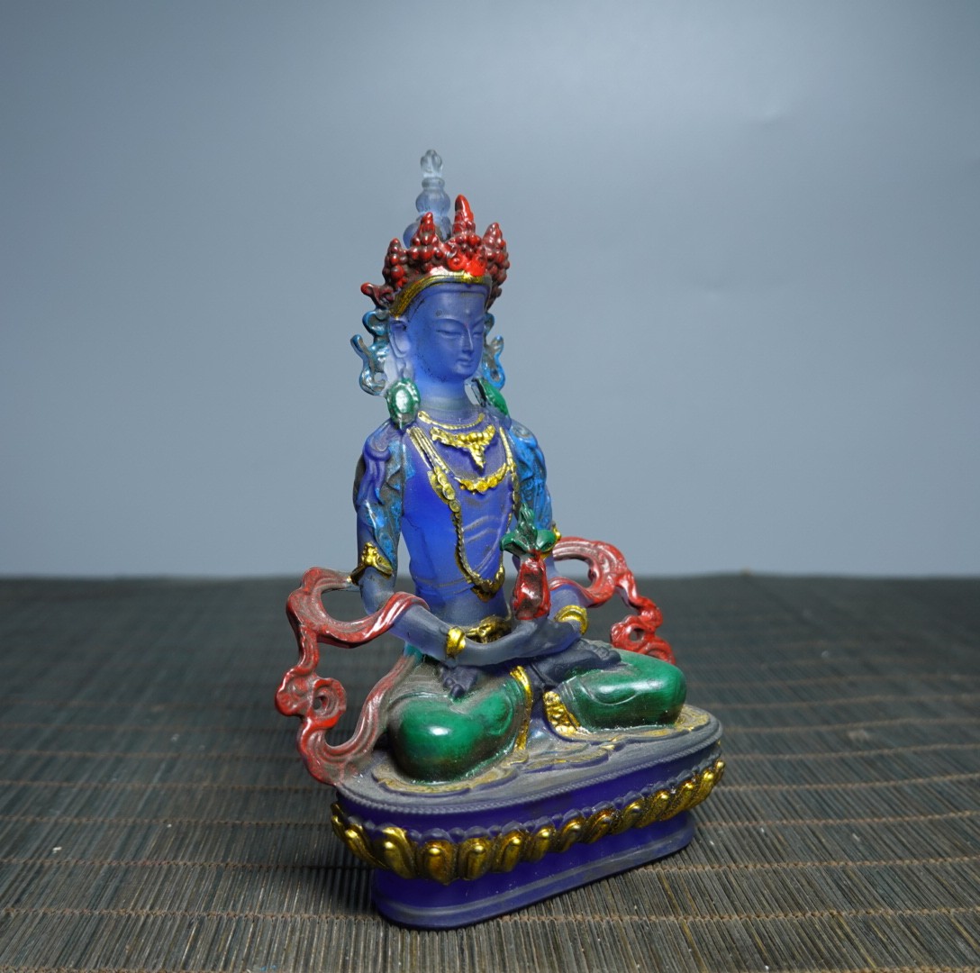 5.1″ Collect Coloured Glaze Painted Tibetan Buddhism Longevity Buddha Sit Statue