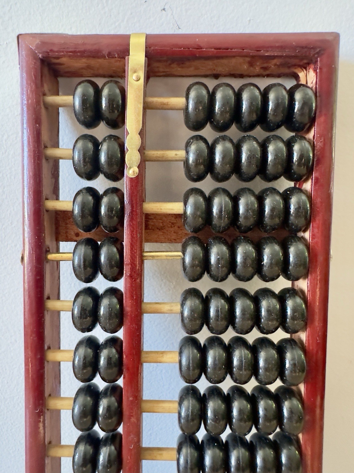 Vintage Wooden Abacus Black Beads Brass Hardware Mid Century MCM Decor 11.5in