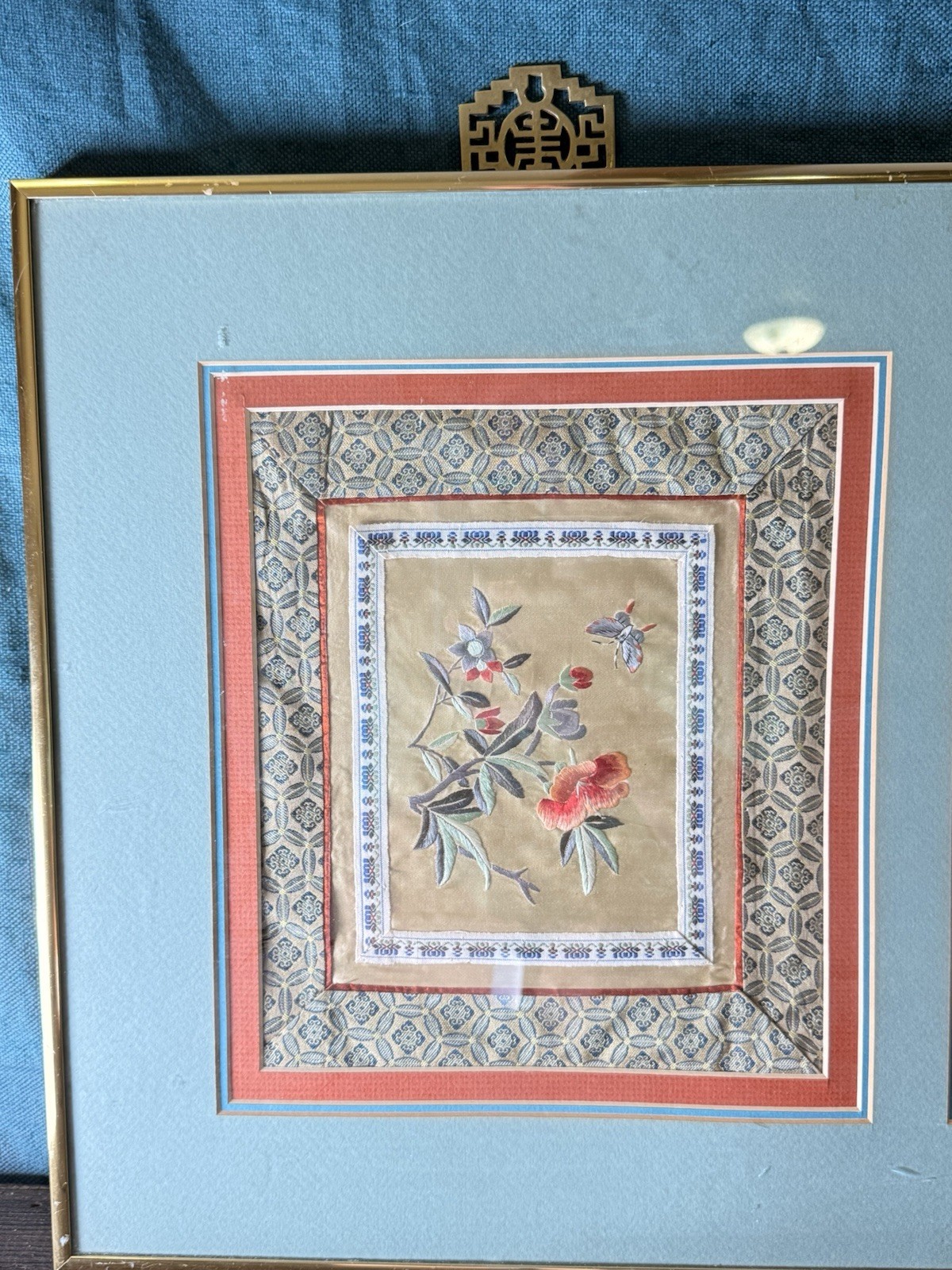 Vintage Chinese Silk Embroidery Double Panel Framed Butterflies Flowers