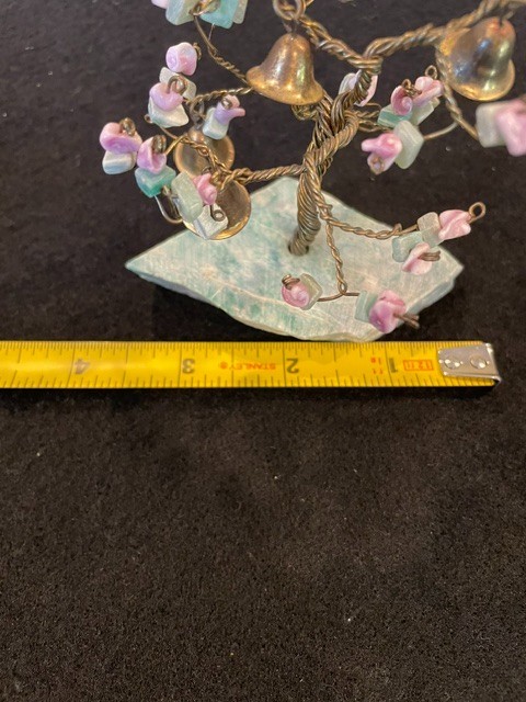 VNT Copper Wire Bonsai Tree with Brass Bells + Stone Blossoms on Quartz Base 4X3
