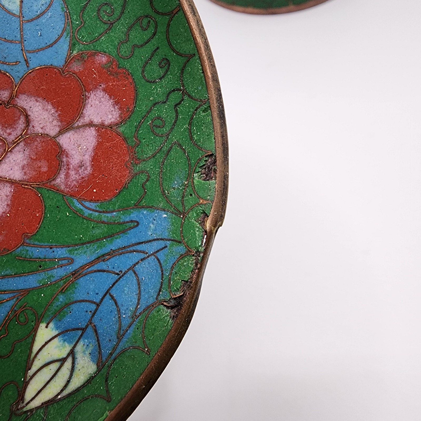 Vtg Green Chinese Lidded Cigarette Matches Ashtray Cloisonné Set Blue Enamel