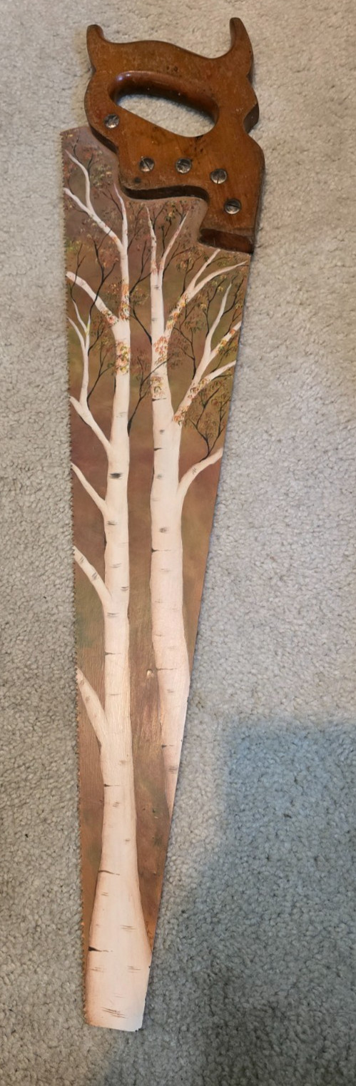 American Folk Art Hand Painted Saw 30″ Rural Tree Not Signed Exc. Condition
