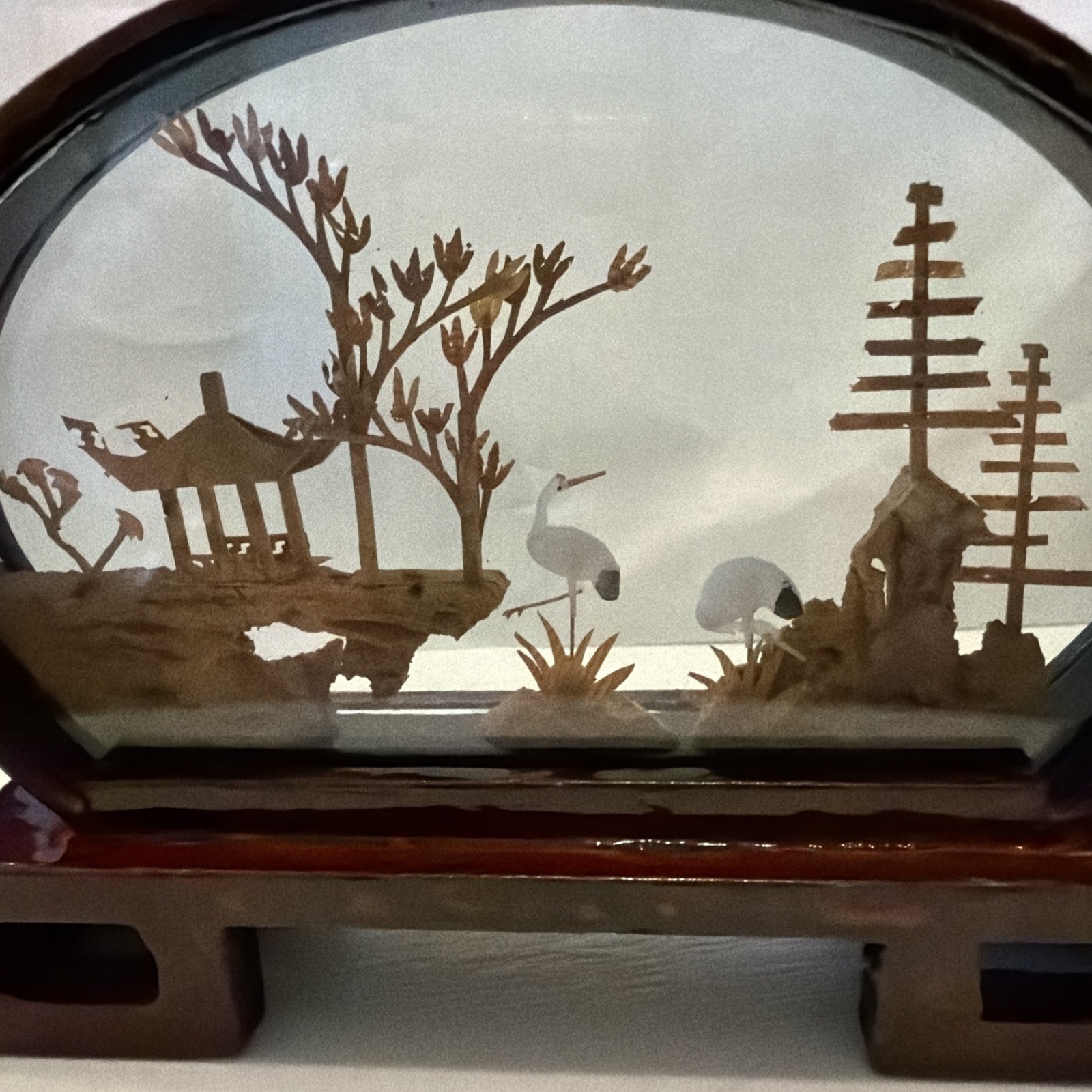 Carved Cork Diorama Asian Oriental 3D Art Miniature Cranes Vintage 6”x4.5”x1.5”