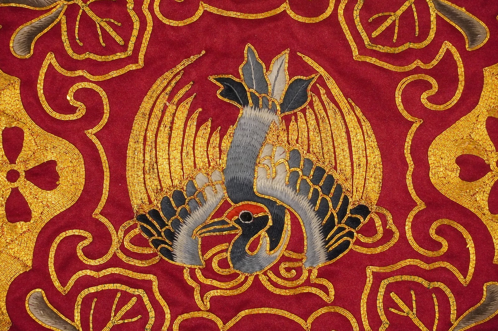 3 Vintage Chinese Embroidered Silk Crane Medallion Mats 7 3/4″ Inch Metal Thread