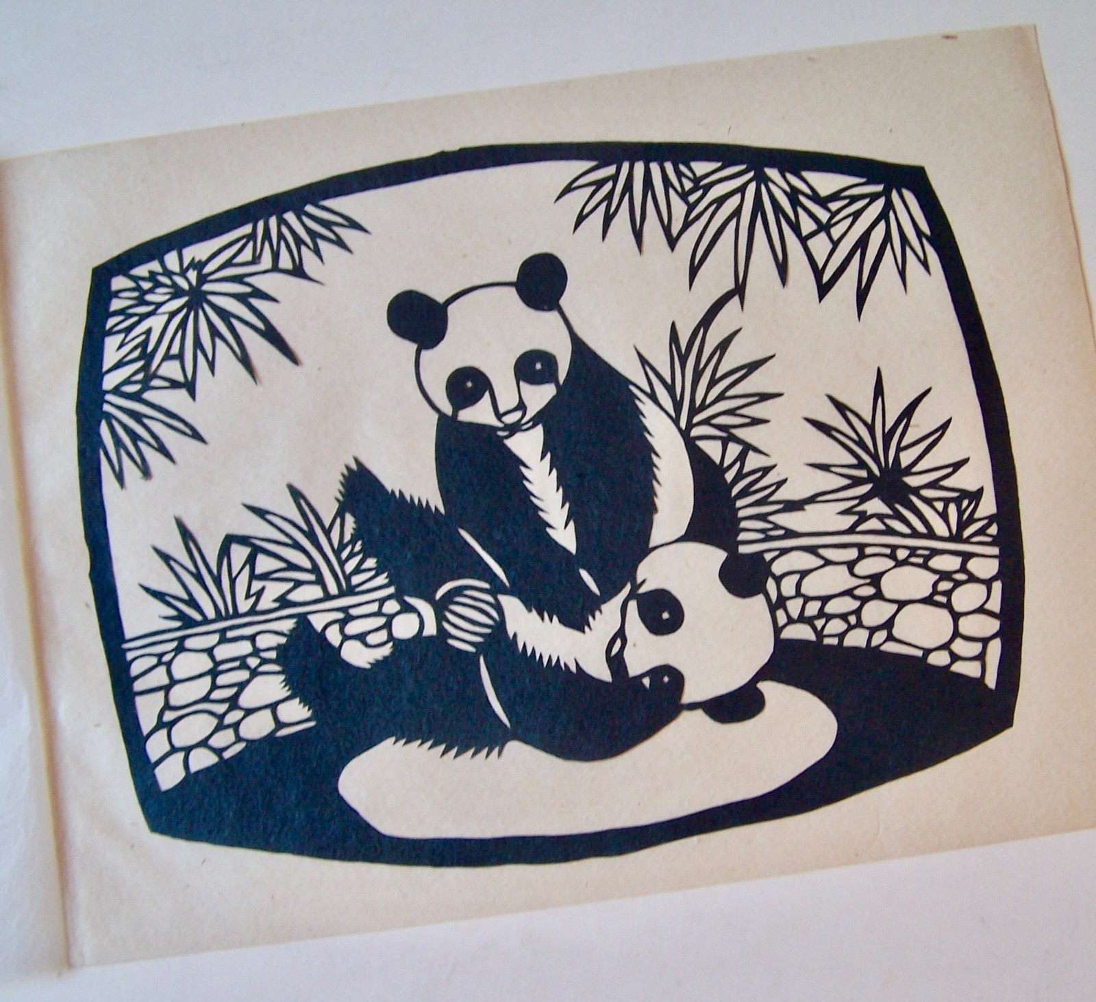 6 VINTAGE CHINESE PAPER CUTS IN ORIGINAL FOLDER PANDAS 6.5 X 5.25″ UNFRAMED