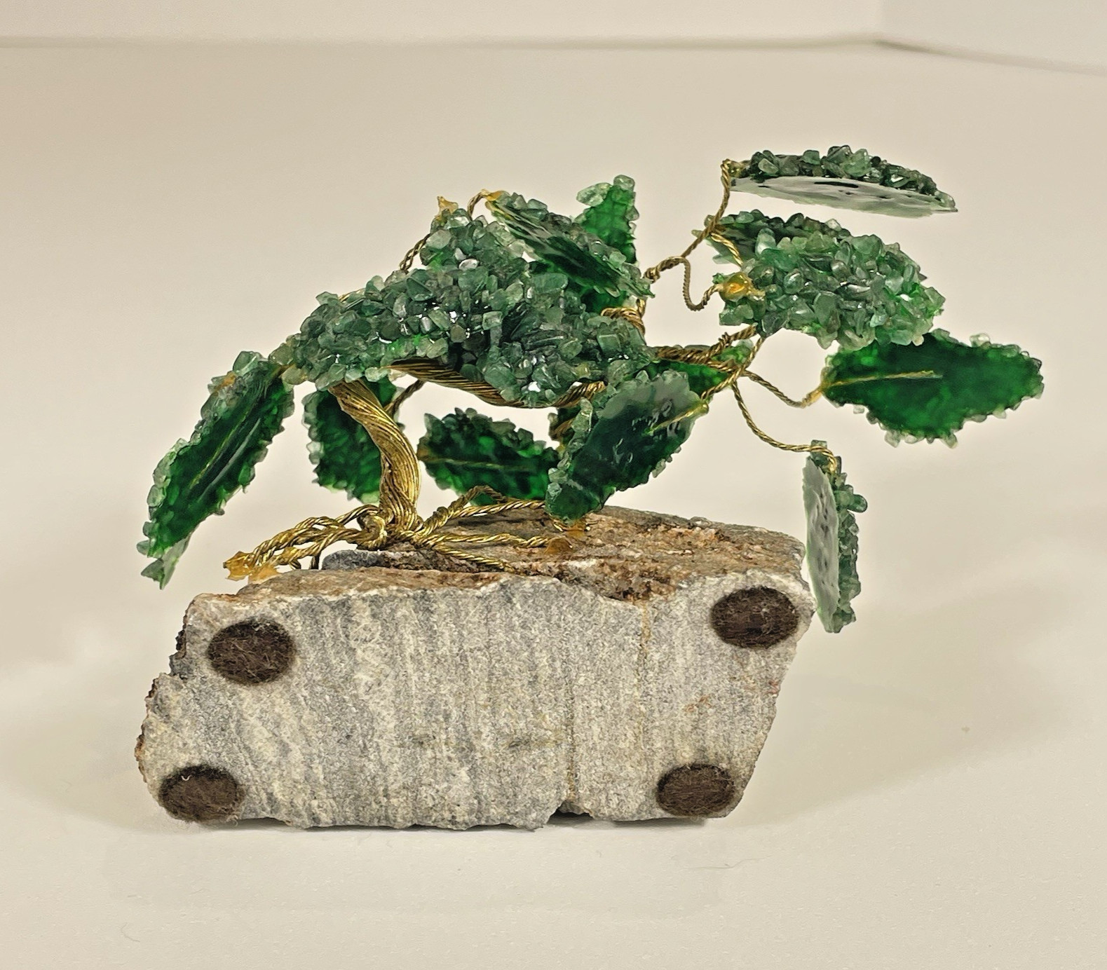 Vintage Green Crystal Bonsai Tree Sculpture Copper Wire on Natural Stone Base