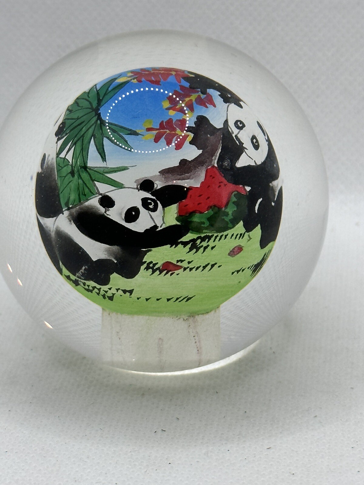 Chinese Glass Ball Sphere Paperweight Reverse Hand Painted Pandas