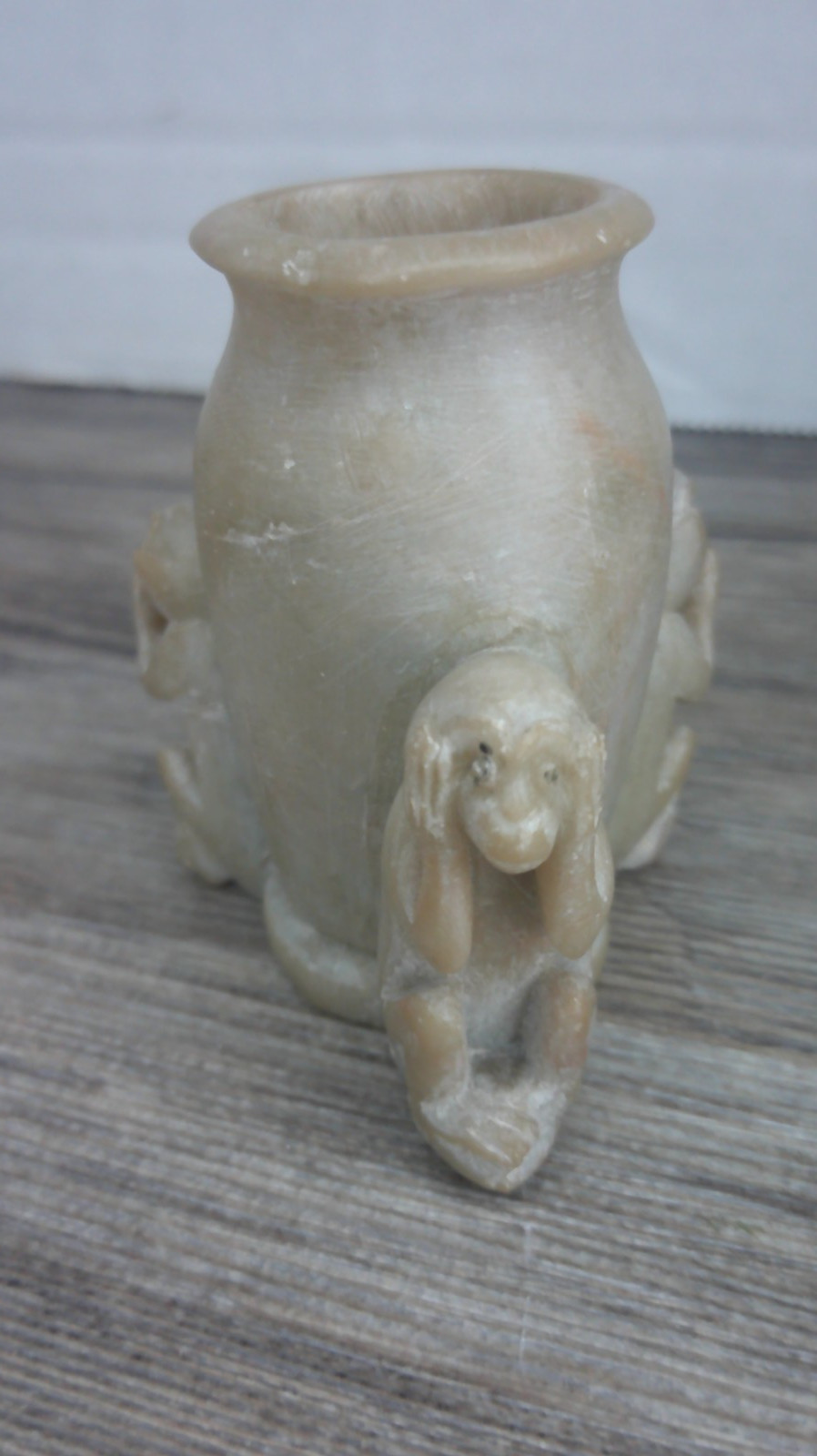 vintage Chinese soap stone toothpick holder hand carved hear see peak no evil