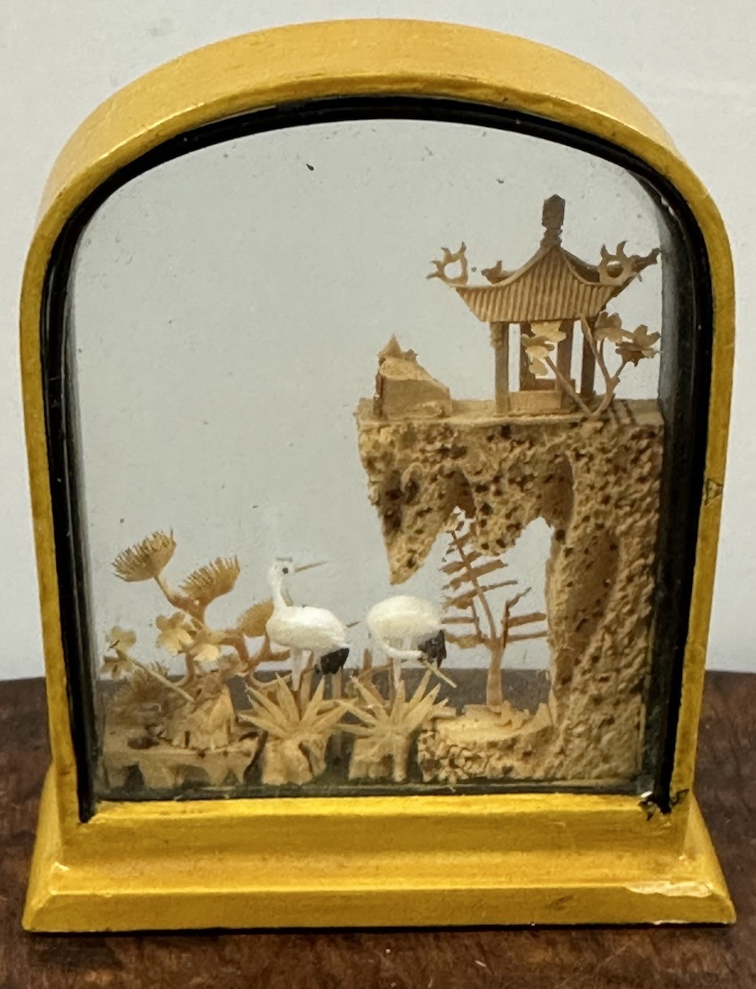 Carved Cork Chinese Art Diorama with Cranes Pagoda & Trees Vintage Collectible