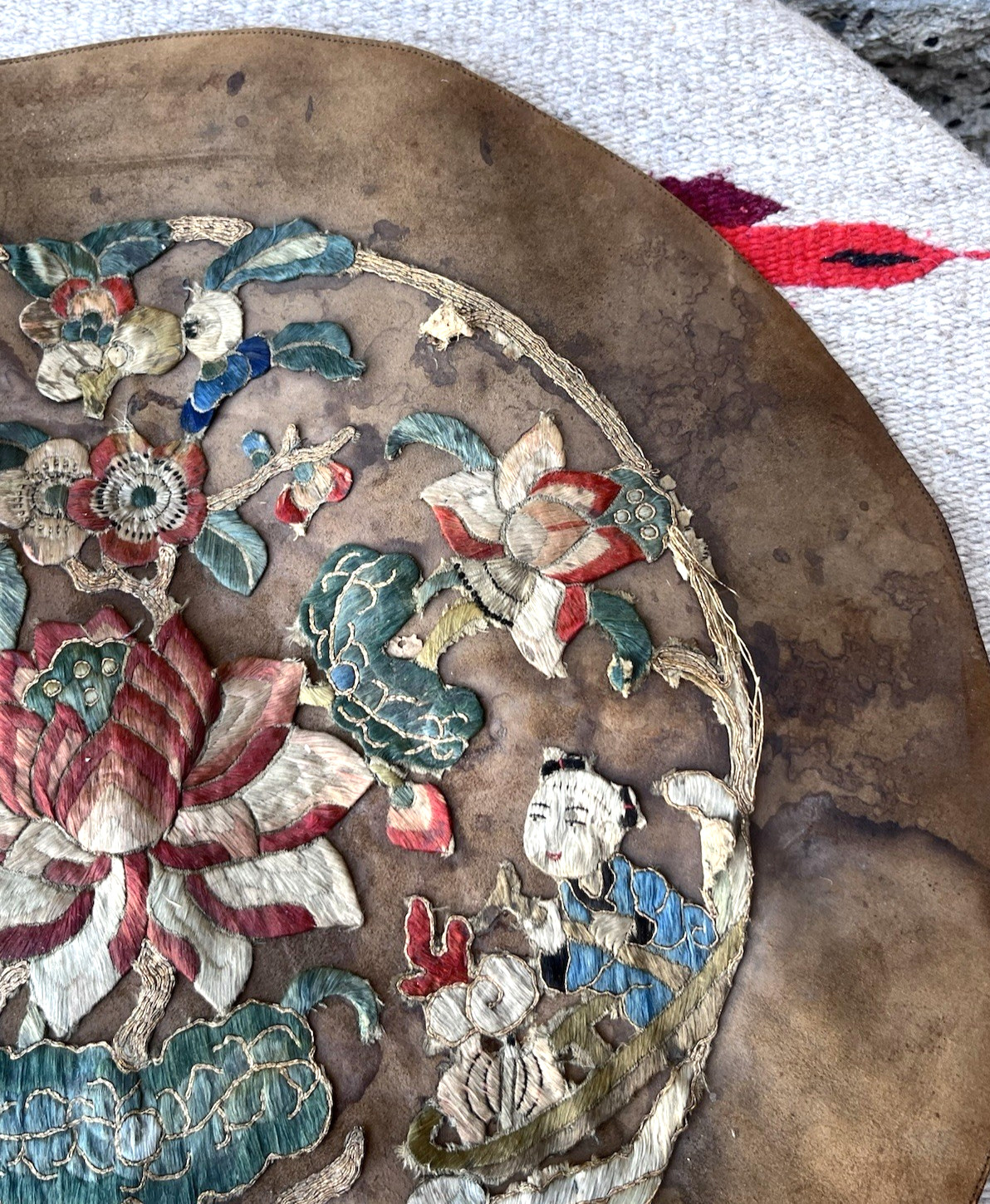 Antique Chinese Asian Leather Embroidered Silk Roundel Art Panel 15″ Qing Floral
