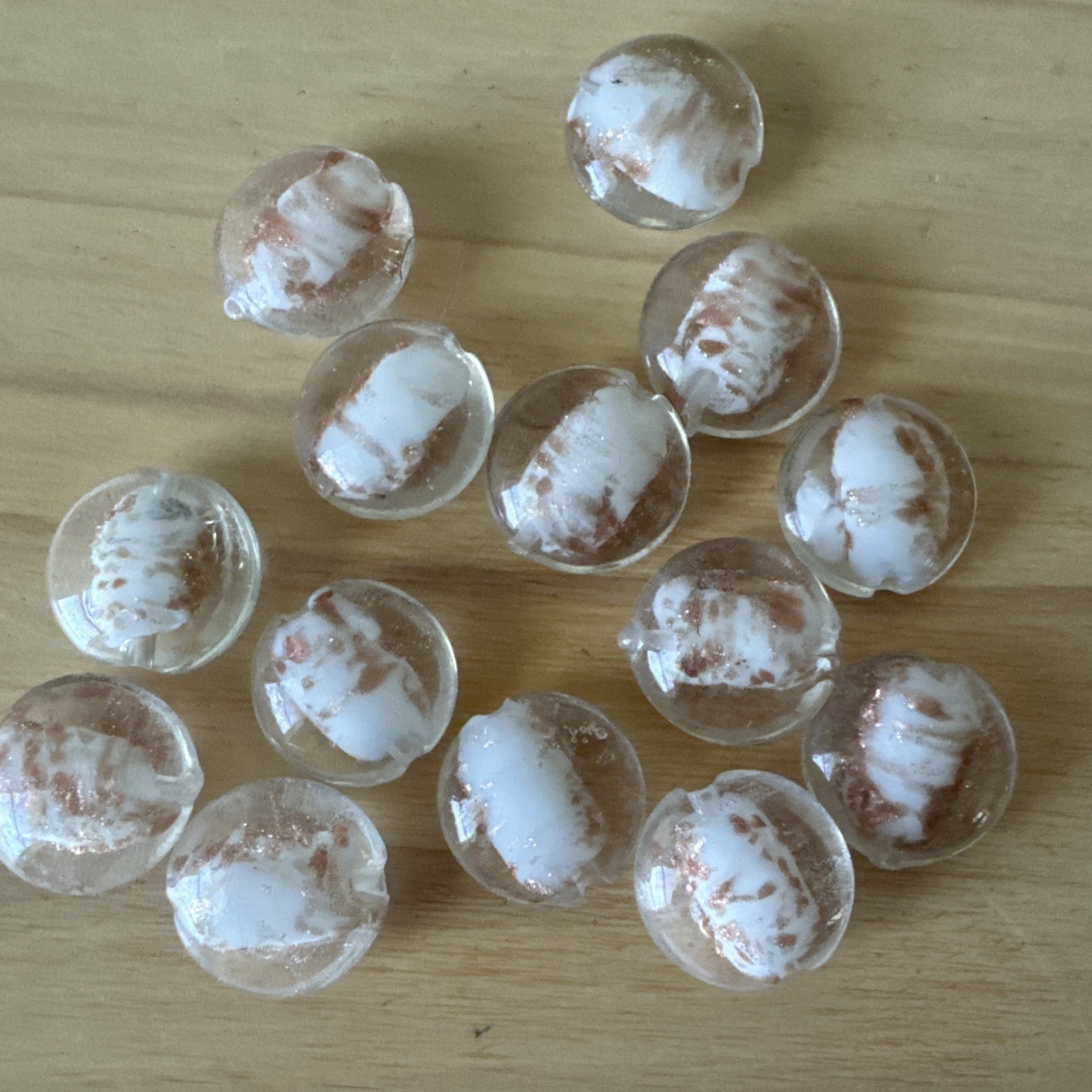 14 WHITE CLEAR WITH GOLD 20mm ROUND FLAT DISC Lampwork Glass Jewelry DIY