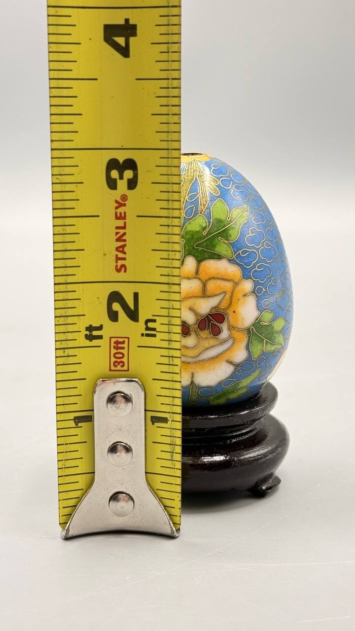 Vintage Chinese Cloisonné Enamel Egg Floral Blue w/ Stand 3″