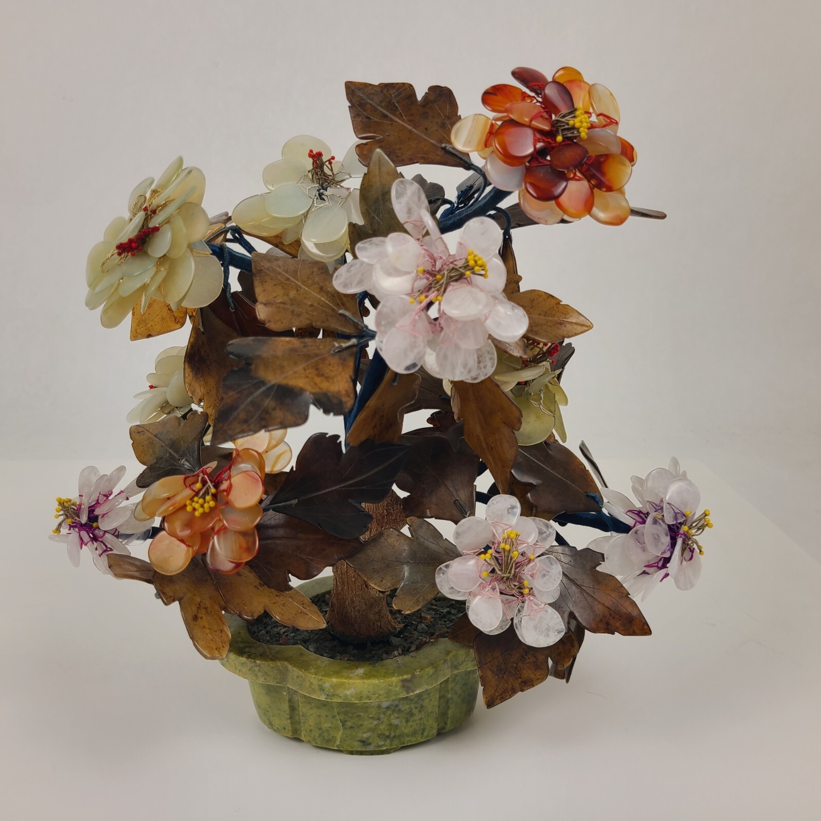 Vtg MCM Carved Agate Jade Quartz Bonsai Tree Flower Blossom Plant 11″ Tall Asian