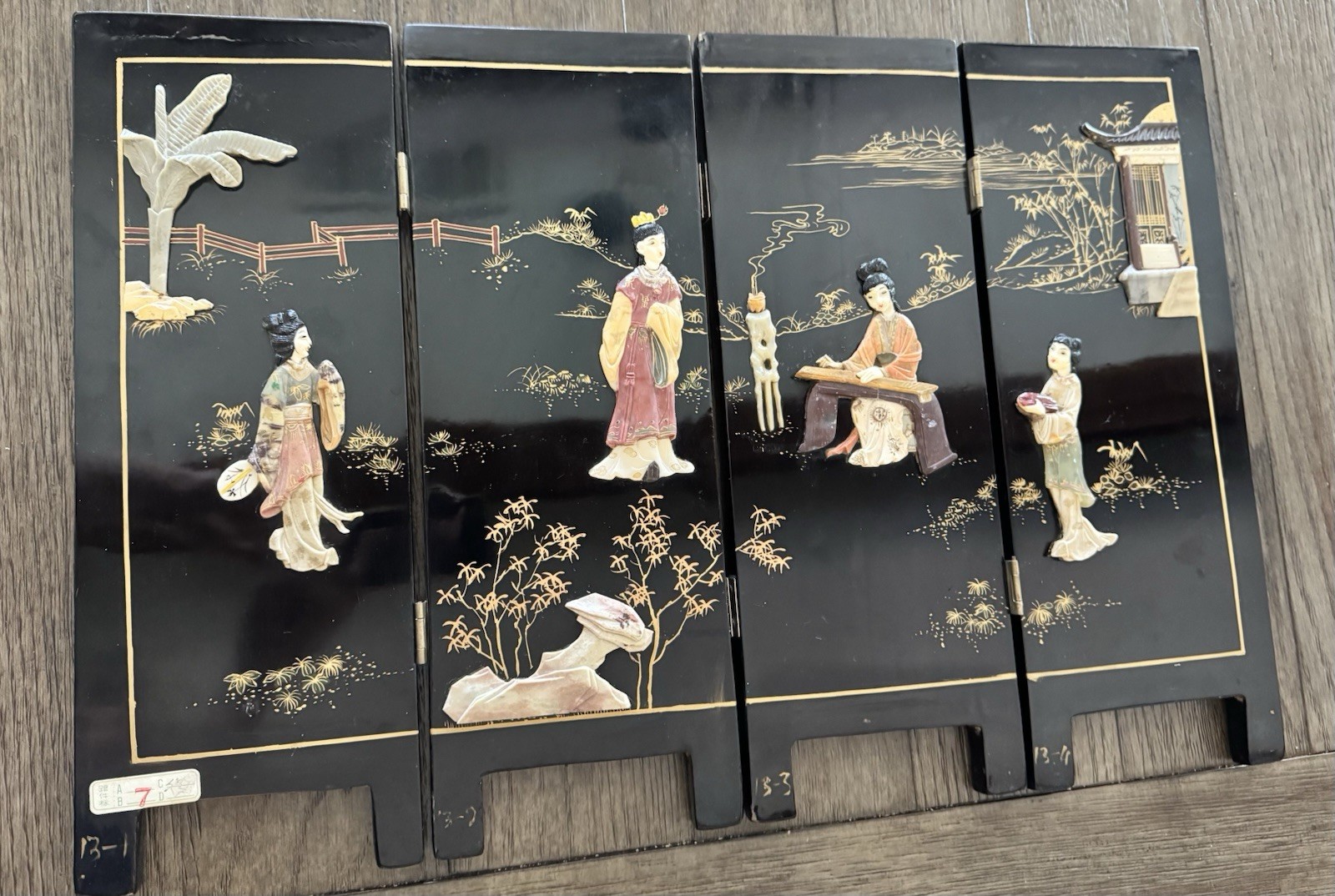Vintage Table Top Chinese Folding Screen Carved Mother of Pearl Asian 4-Panel