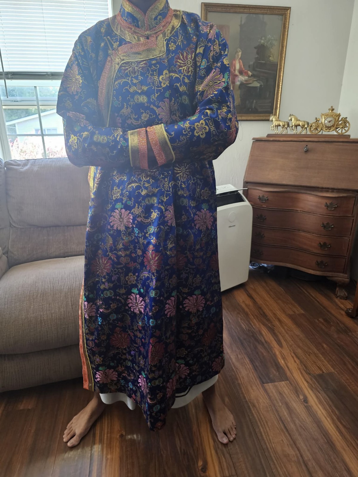 Chinese Qing Dynasty? Embroidered Silk Floral Robe Metallic Trim Reproduction?