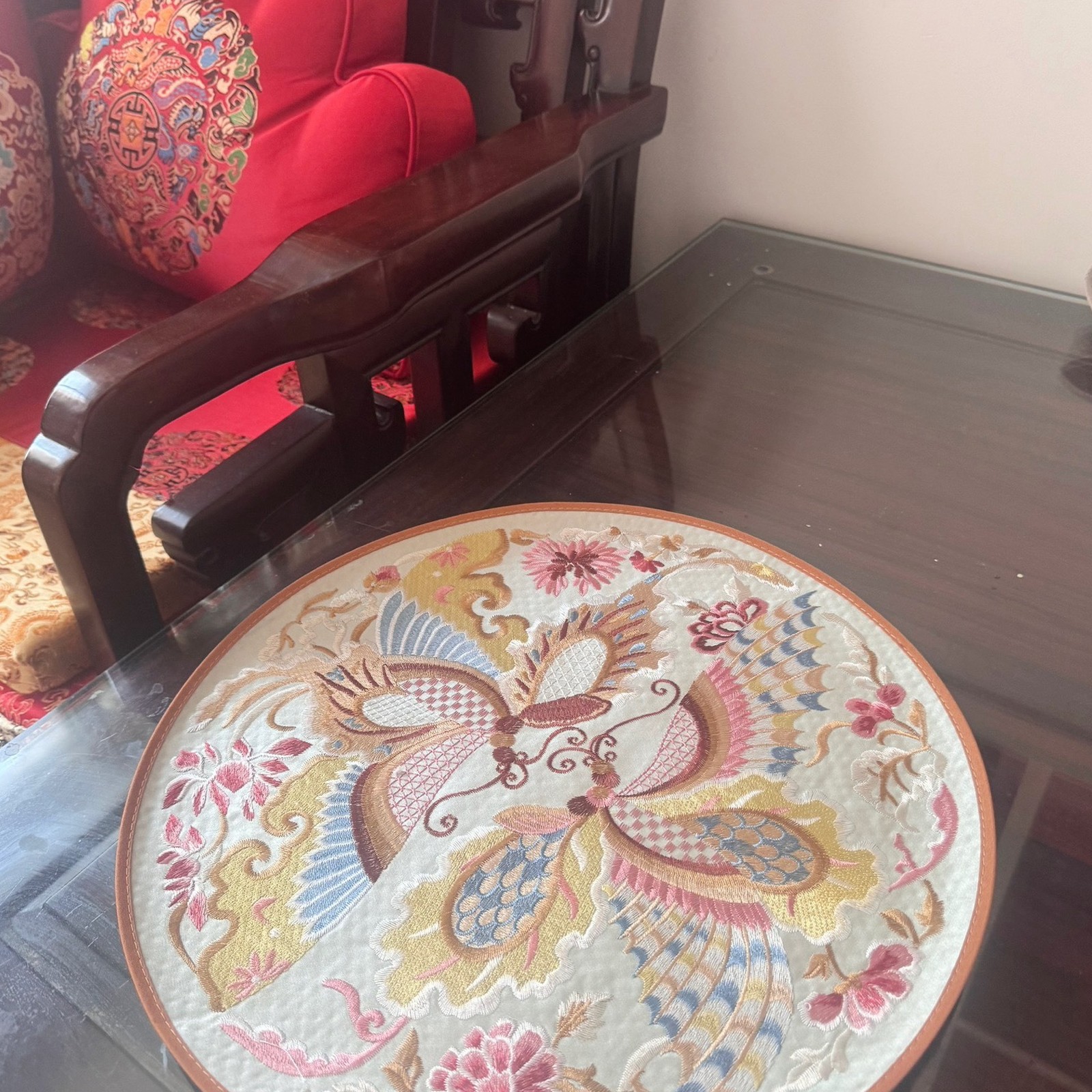 Chinese Embroidery Double Phoenix Round Placemat 37cm Non-Slip