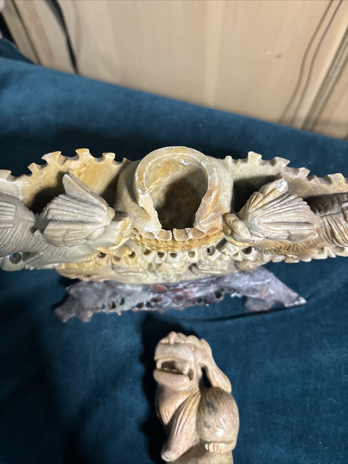 Antique Chinese Hand Carved Soapstone Incense Burner Foo Dogs/Lions Vintage (bf)