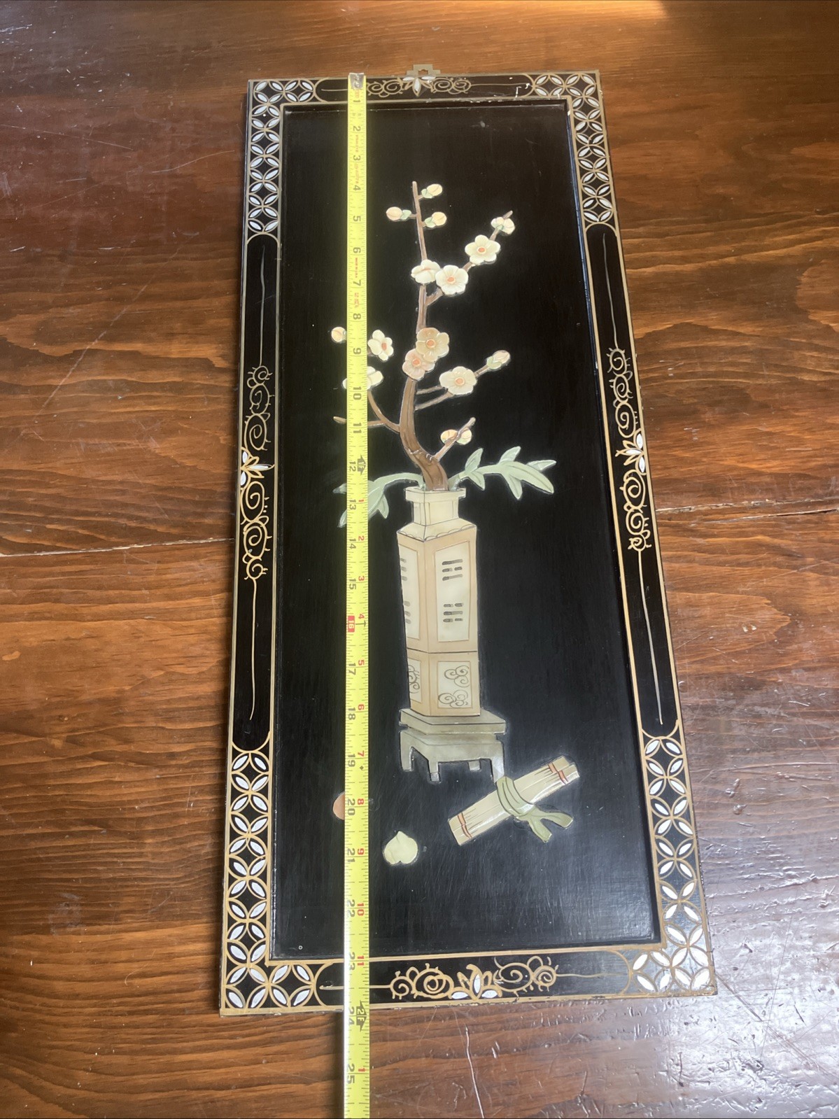 Vtg Chinese Flower Pot Black Lacquer Mother Of Pearl Stone Wall Panel 12”x 34”