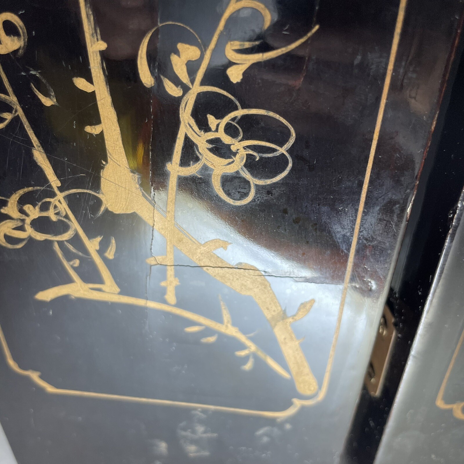 Vintage Oriental Black Lacquer Mother Of Pearl Geisha 4 Panel Screen 18”x14” SEE
