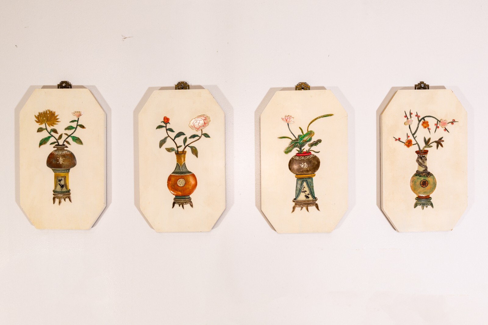 Chinese Wall Hanging 4 Panel – Hand Painted Carved Stone – Four Wooden Panels