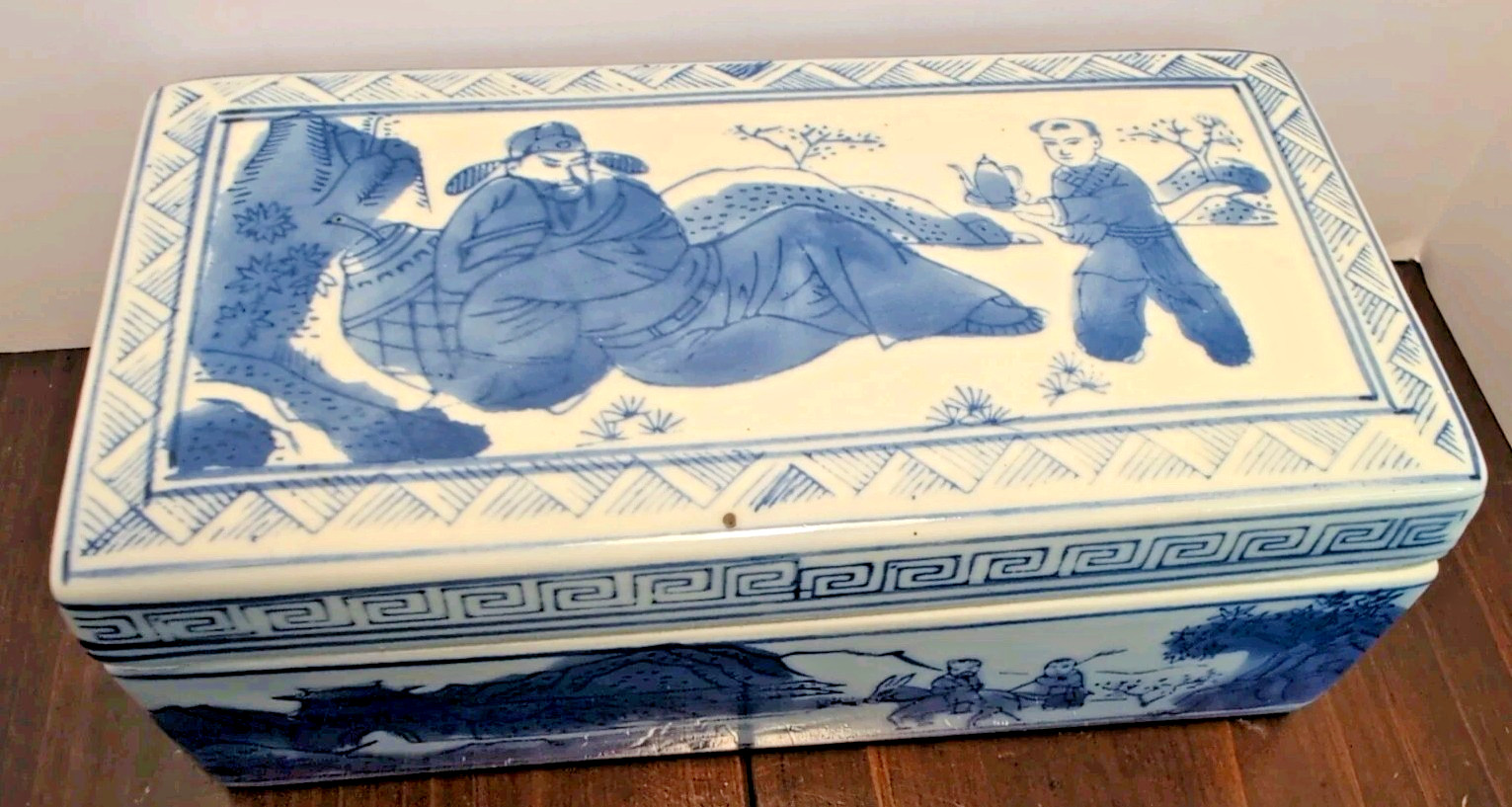 Chinese Blue & White Square Box w/Lid Porcelain Hand Painted Stamped. Qianlong?
