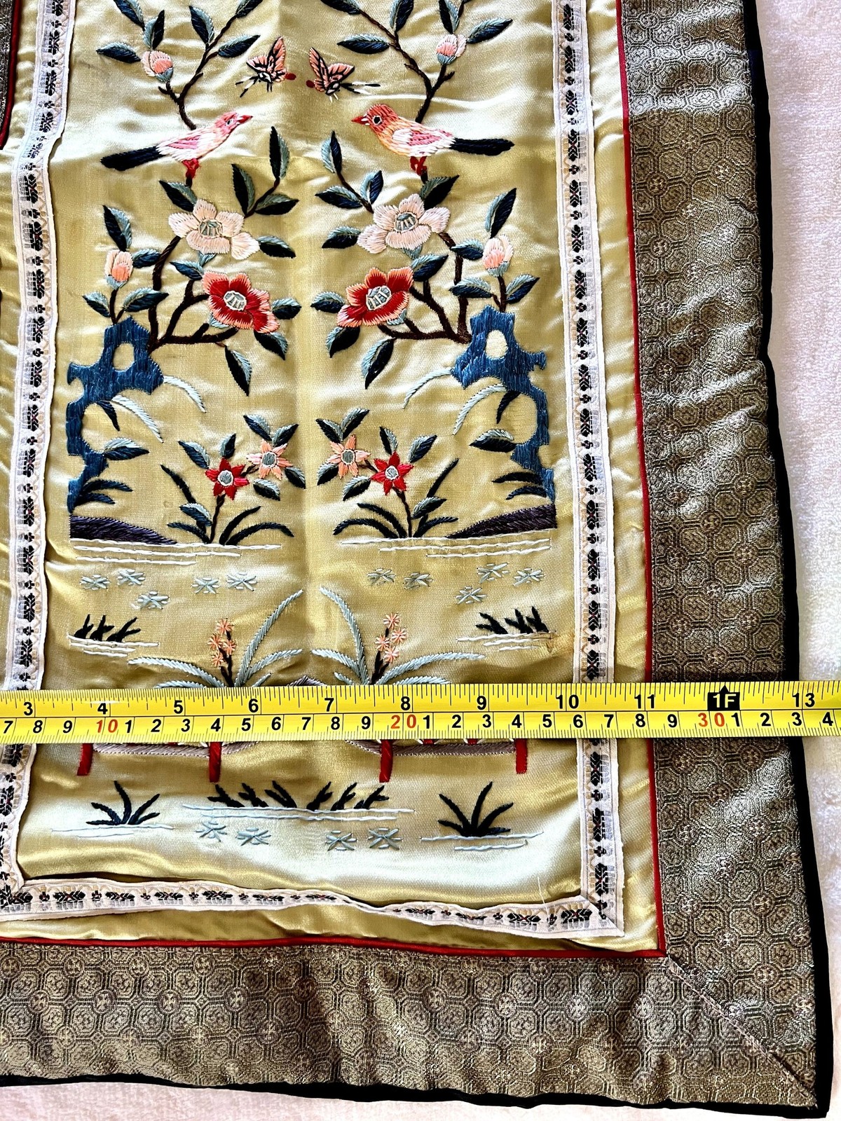 19th Century Chinese Chinoiserie Silk Hand Embroidered Panel 36 x 13