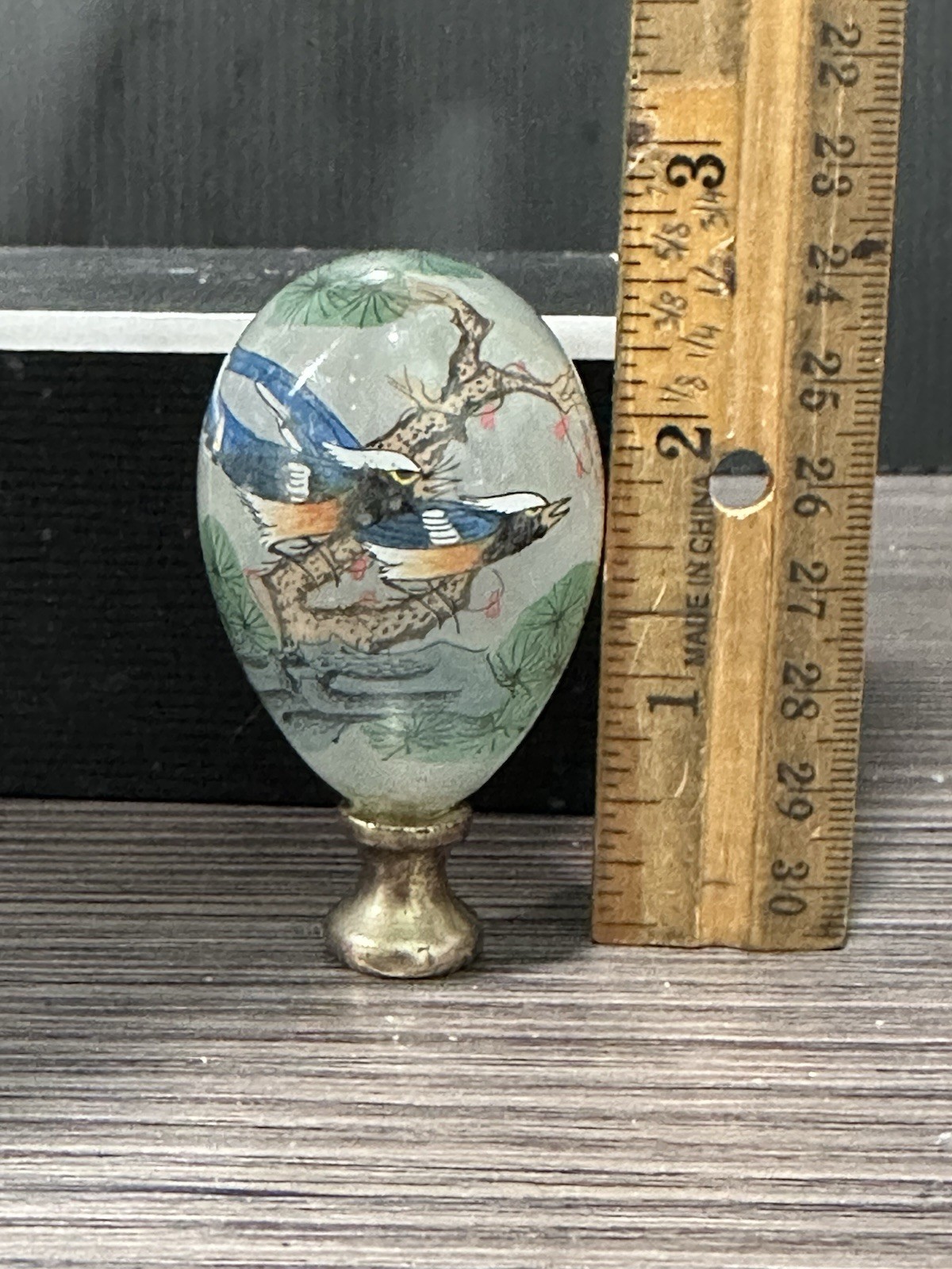 Vintage Chinese Hand Painted inside Out Bird & Flowers Blown Glass Lamp Finial