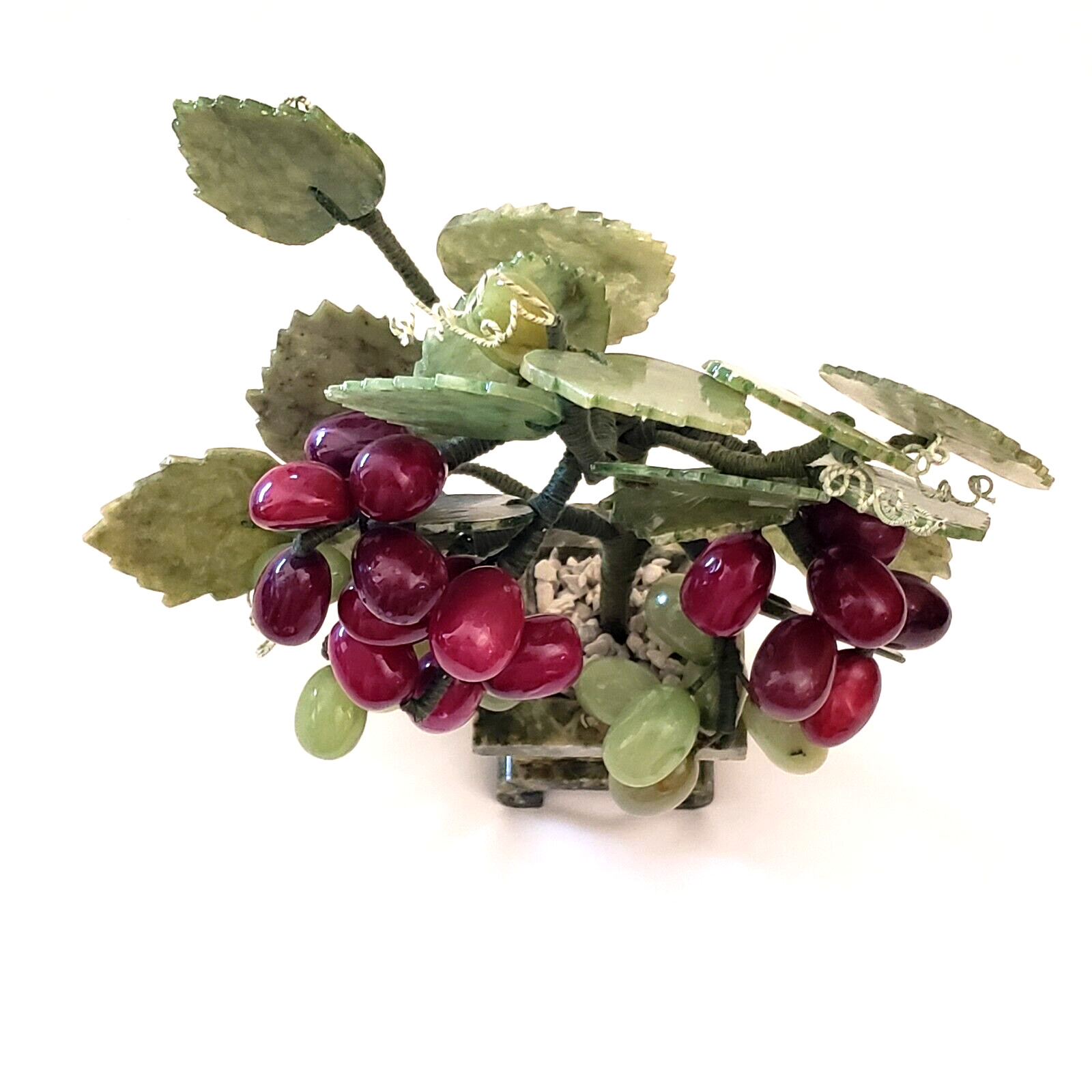 Jade Bonsai Grape Vine Tree Studio Art Carved Stone in Marble Planter 9″ Vintage