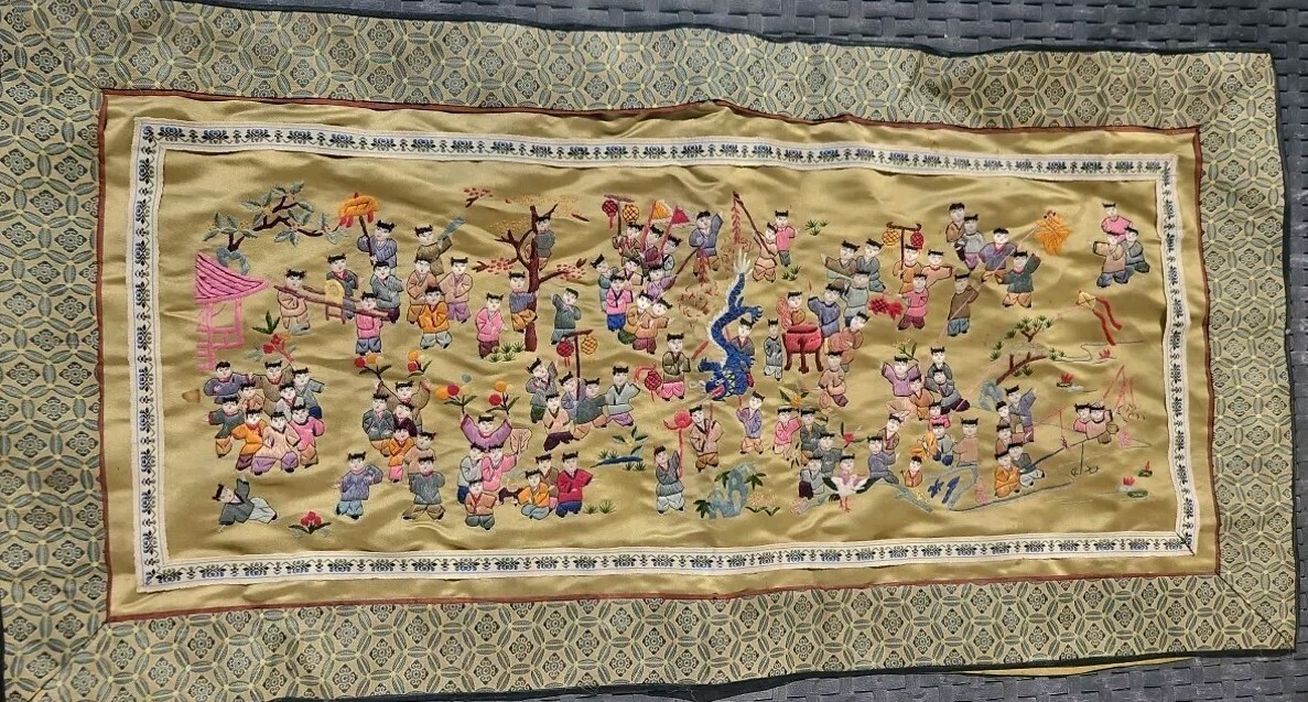 Chinese Silk Embroidered Tapestry Wall Hanging Art Panel Dragons Legend Children