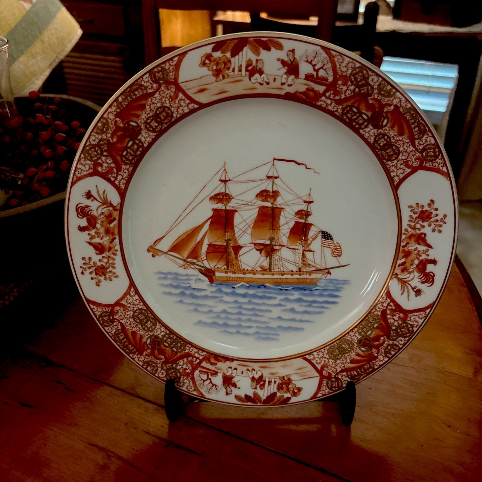 Vintage H.F.P. Macau Chinese Porcelain 10″ Hand-Painted Decorative Ship Plate