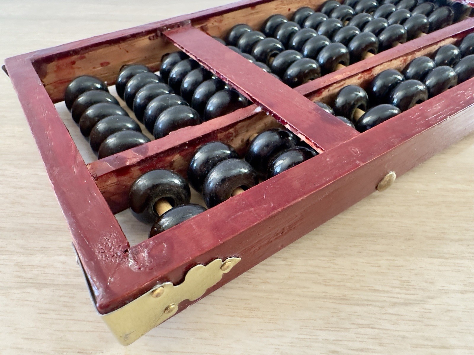 Vintage Wooden Abacus Black Beads Brass Hardware Mid Century MCM Decor 11.5in