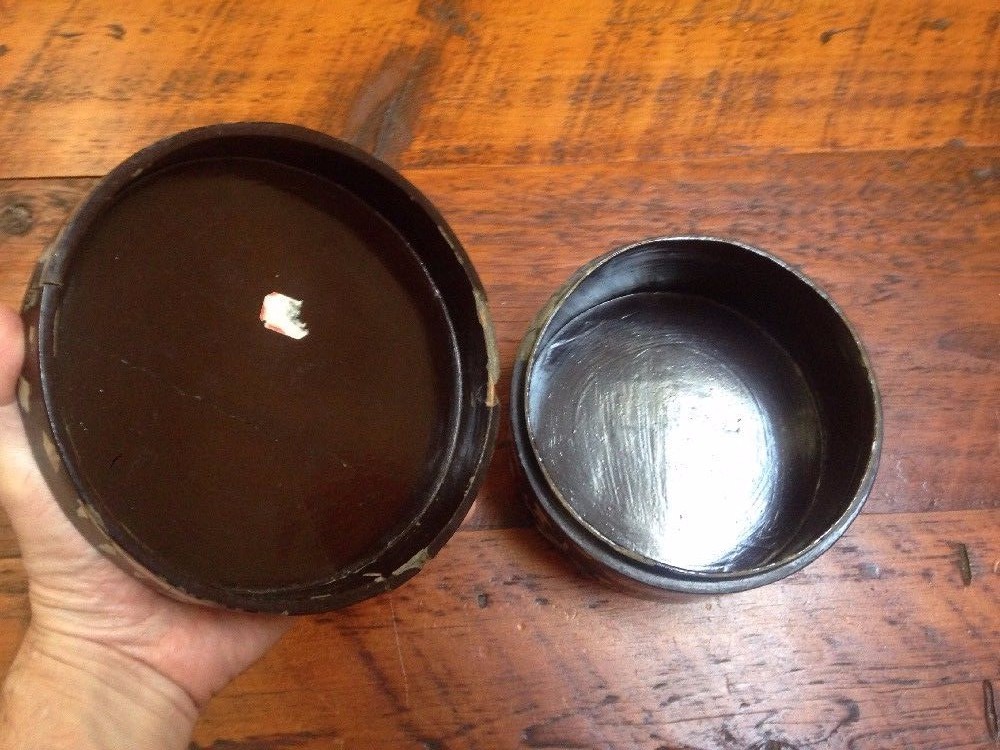 Vintage Antique Chinese Mother of Pearl Inlay Black Lacquer Wooden Round Box 7″