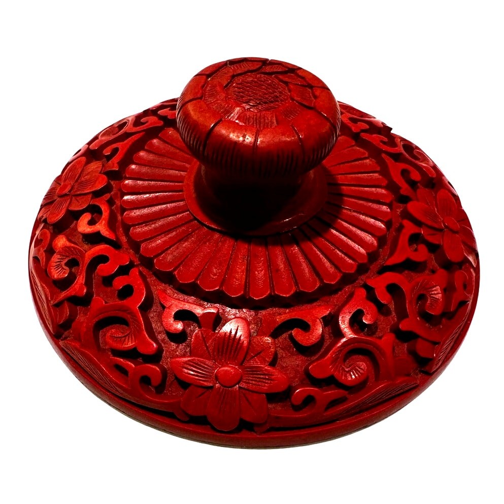 Antique Chinese Cinnabar Ornate Red Trinket Box Blue Enameled Brass Exquisite