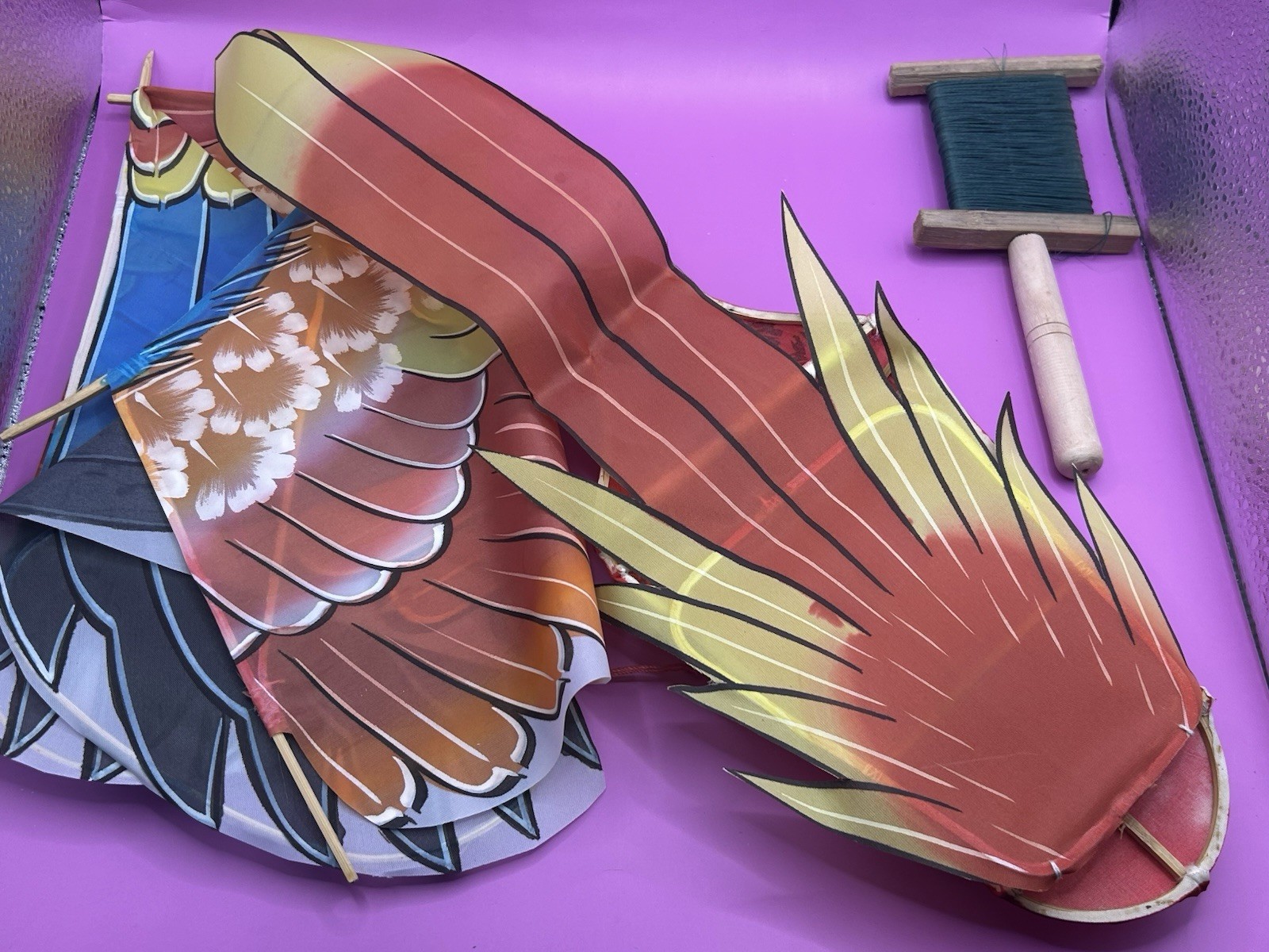Vintage Chinese Silk & Bamboo Bird of Prey Kite with Box 36″ wingspan Rare Red