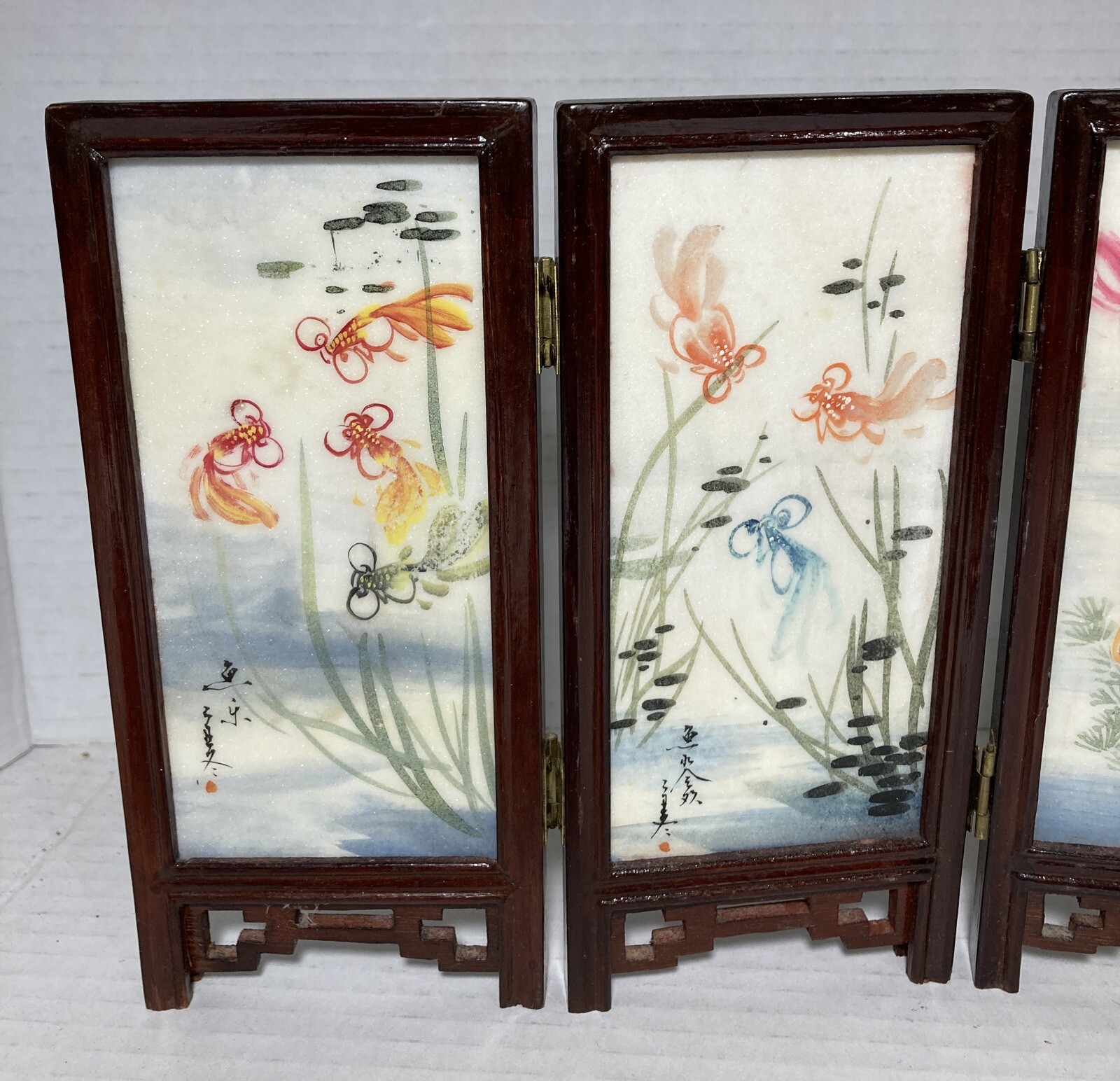 Chinese Oriental Desk Top Tile & Wood 2 Sided Folding Screen Horse Koy Fish