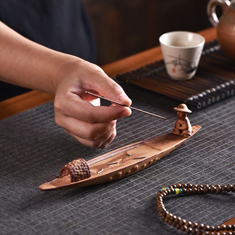 Chinese Leaf Boat Incense Holder Ceramic Stick Base Home Office Ornament Gift
