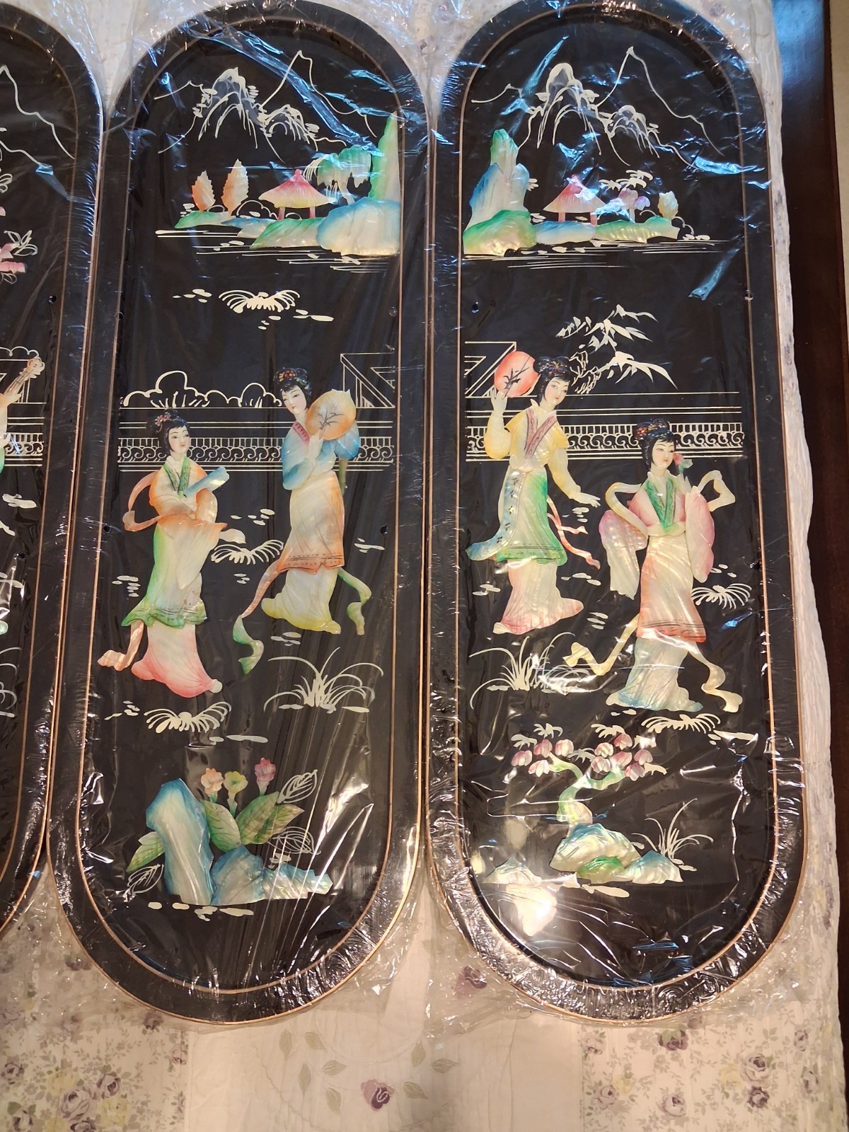 4 Vintage Asian Oriental Mother of Pearl Black Lacquer Wall Art Plaque Panels