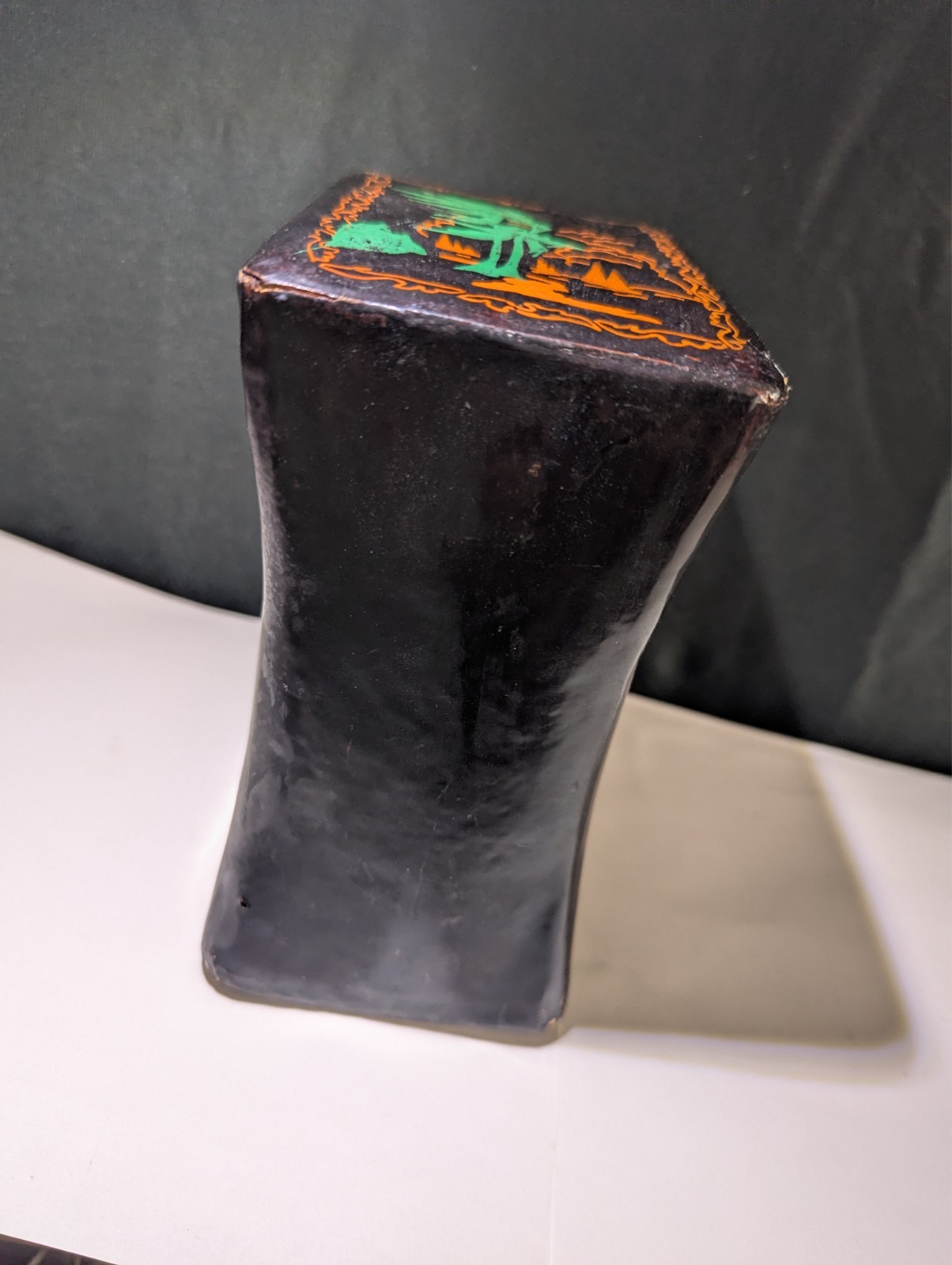 ANTIQUE CHINESE BLACK LACQUERED LEATHER OPIUM PILLOW GEISHA ASIAN DECOR TREES