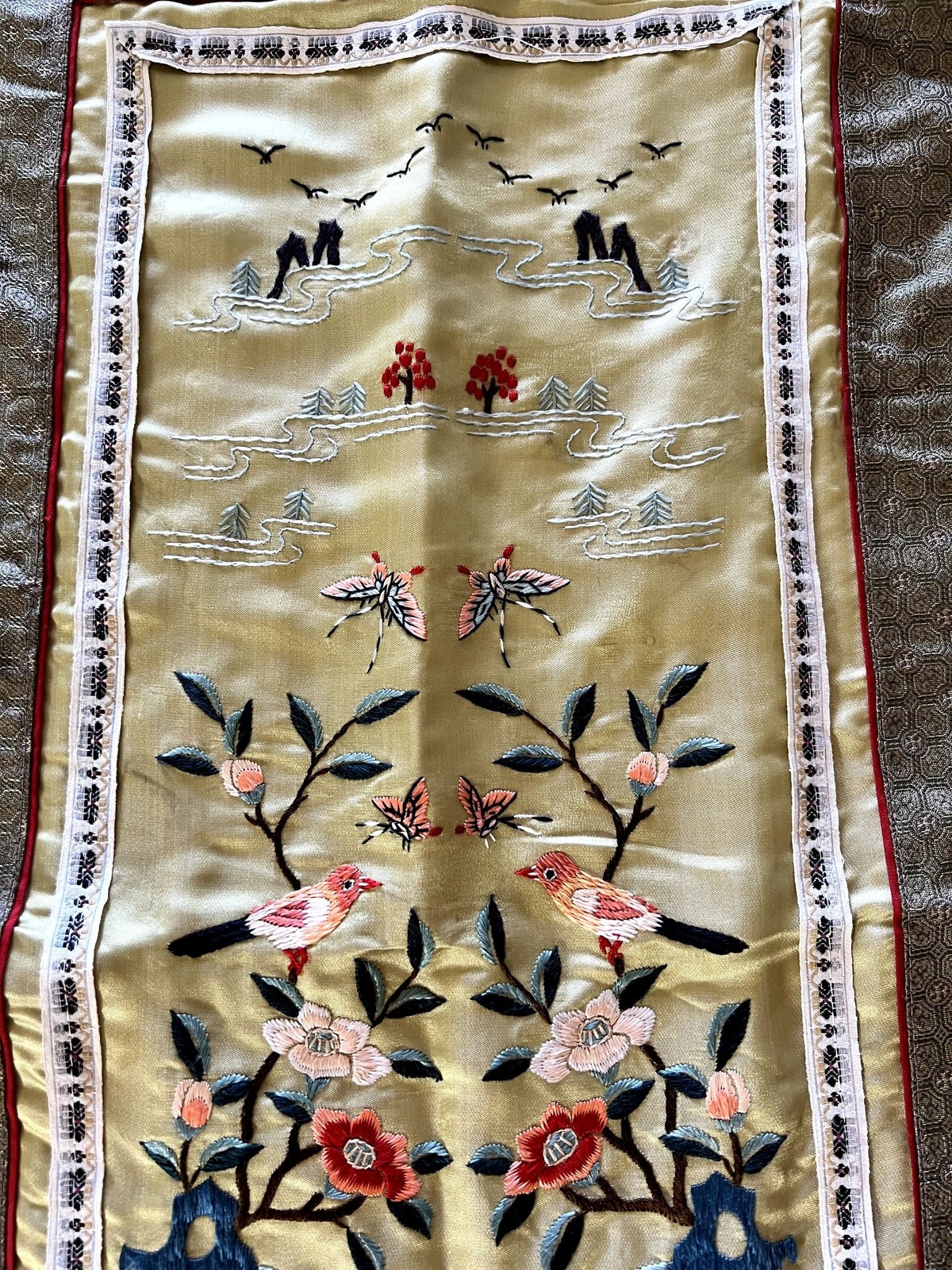19th Century Chinese Chinoiserie Silk Hand Embroidered Panel 36 x 13