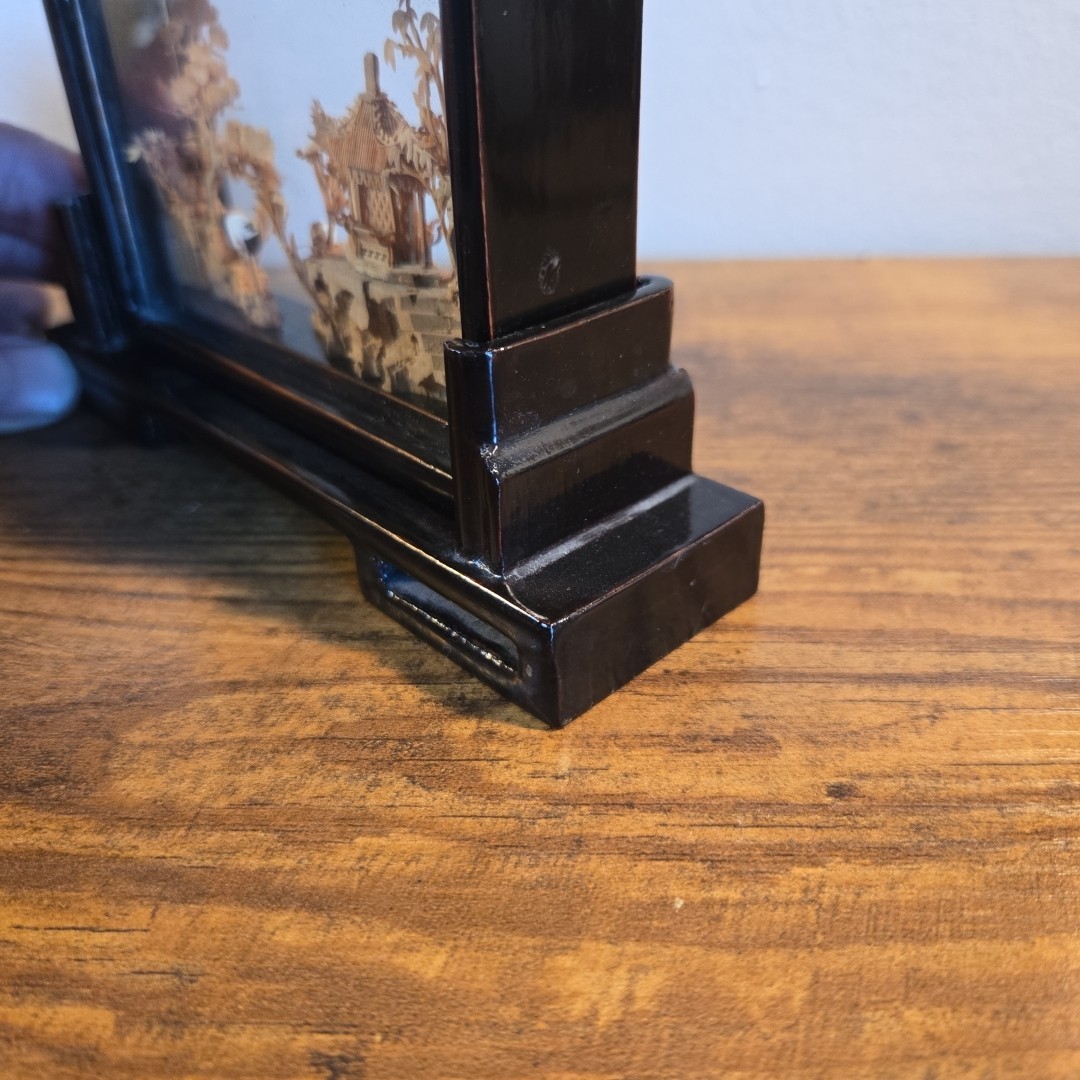 Chinese Carved Cork Sculpture Diorama 2 White Cranes Herons Black Enamel Frame