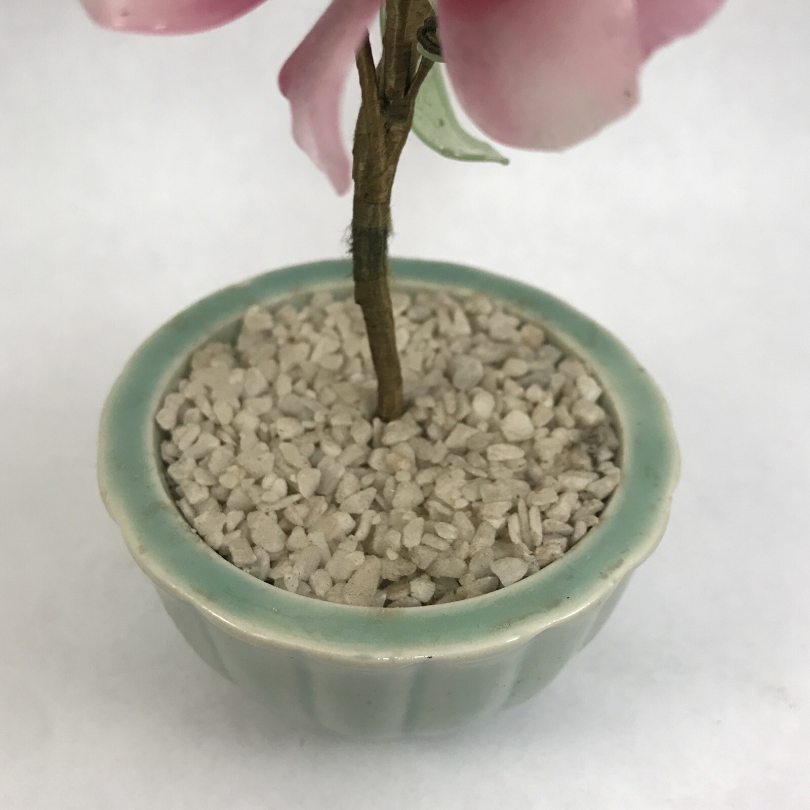 Pink Flower Decorative Asian Style Jade Glass Flowers Bonsai Plant Celadon Pot